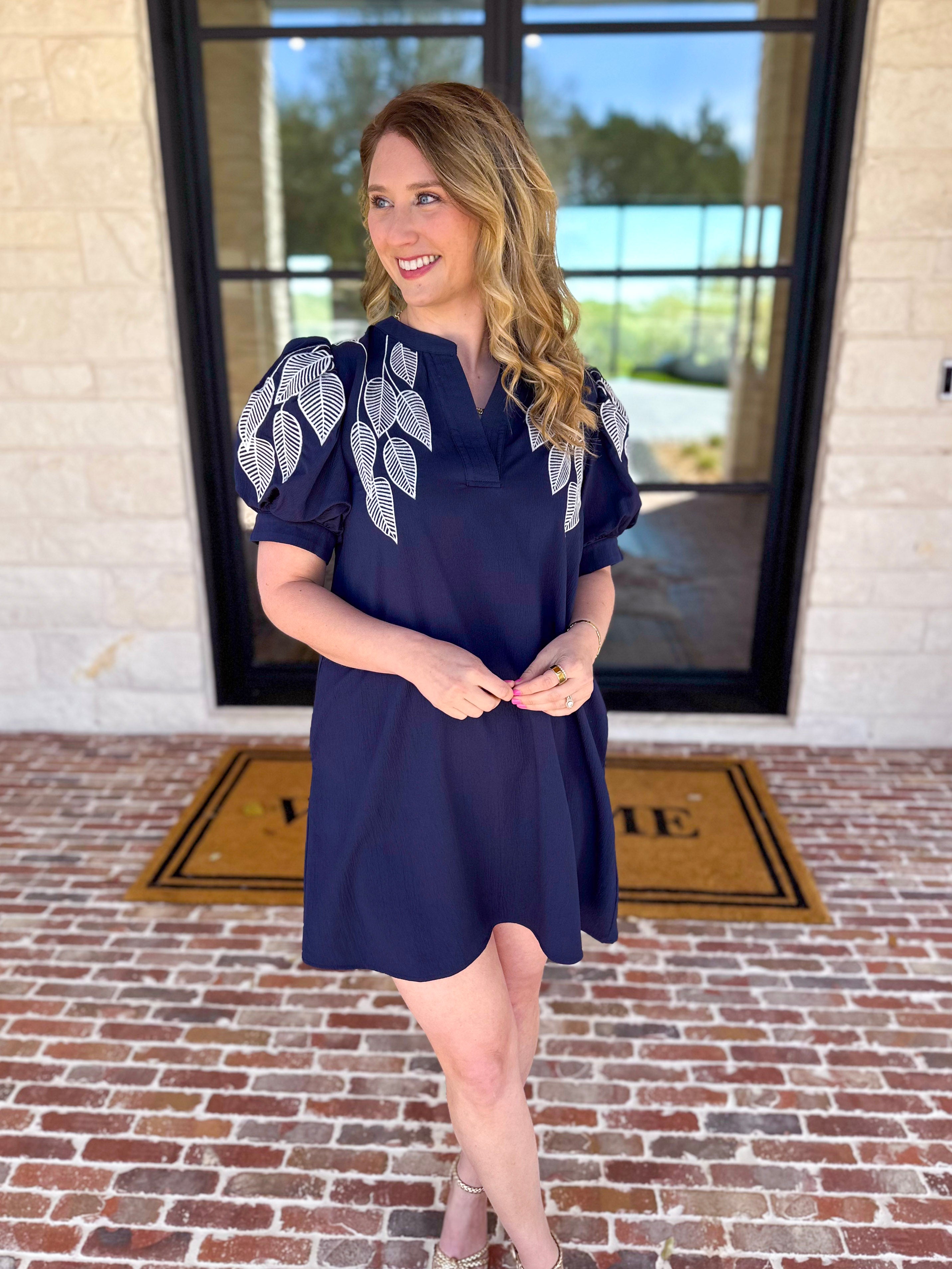 The Coastal Embroidered Mini Dress - Navy-510 Mini-JODIFL-July & June Women's Fashion Boutique Located in San Antonio, Texas