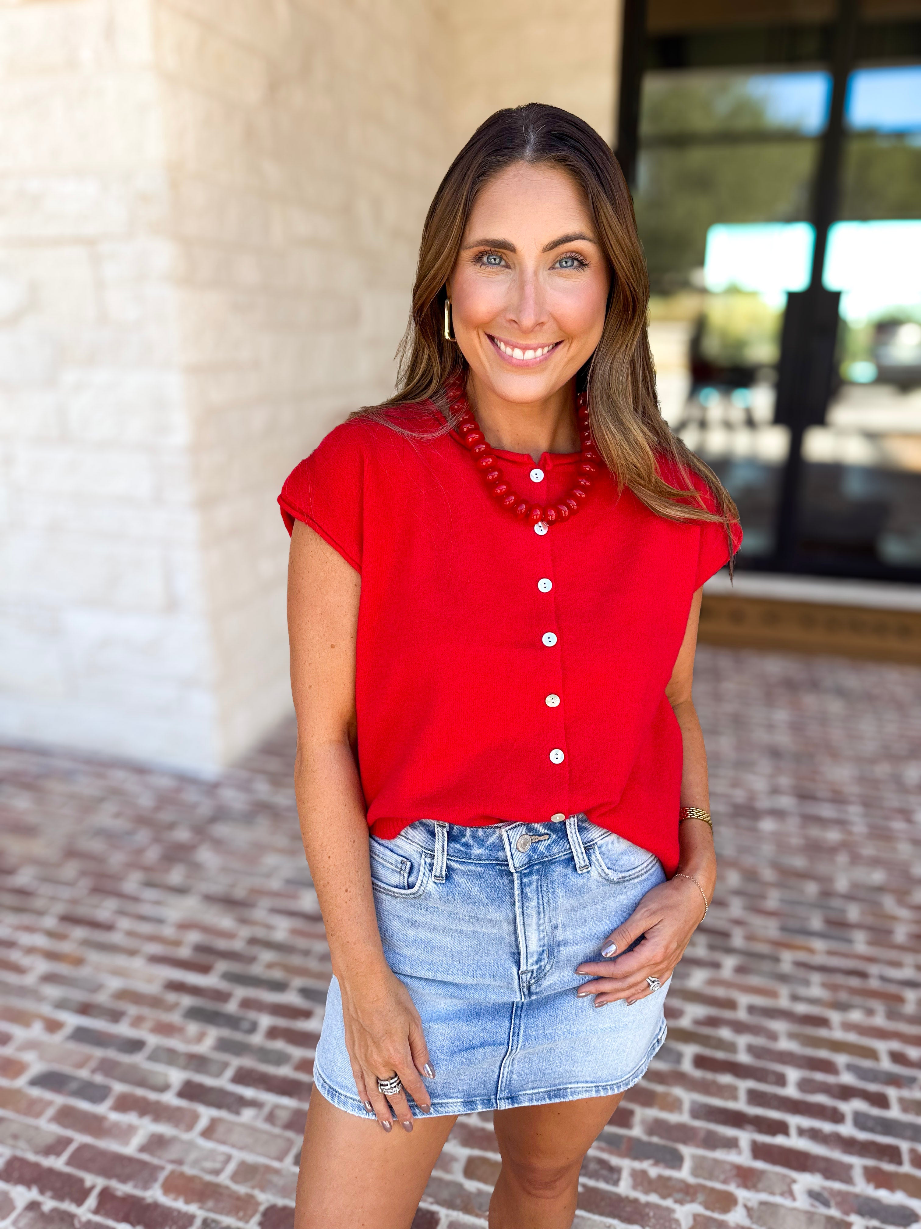 Short Sleeve Everyday Cardigan - Red-230 Sweaters/Cardis-DOUBLE ZERO-July & June Women's Fashion Boutique Located in San Antonio, Texas