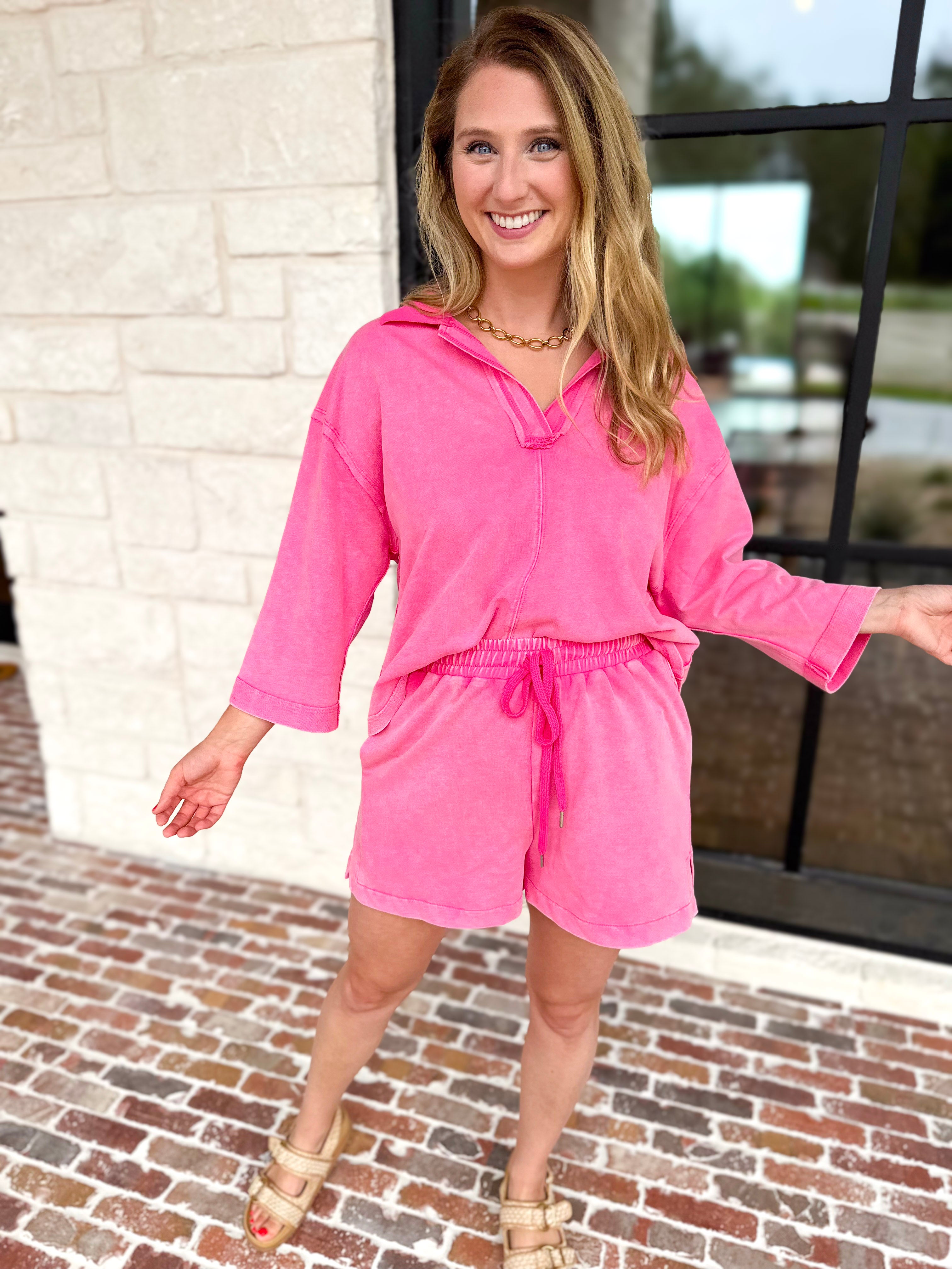 Comfy Collared Short Set - Pink-300 Athleisure/Lounge-JODIFL-July & June Women's Fashion Boutique Located in San Antonio, Texas