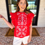 Tomato Red Embroidered Blouse-200 Fashion Blouses-FATE-July & June Women's Fashion Boutique Located in San Antonio, Texas