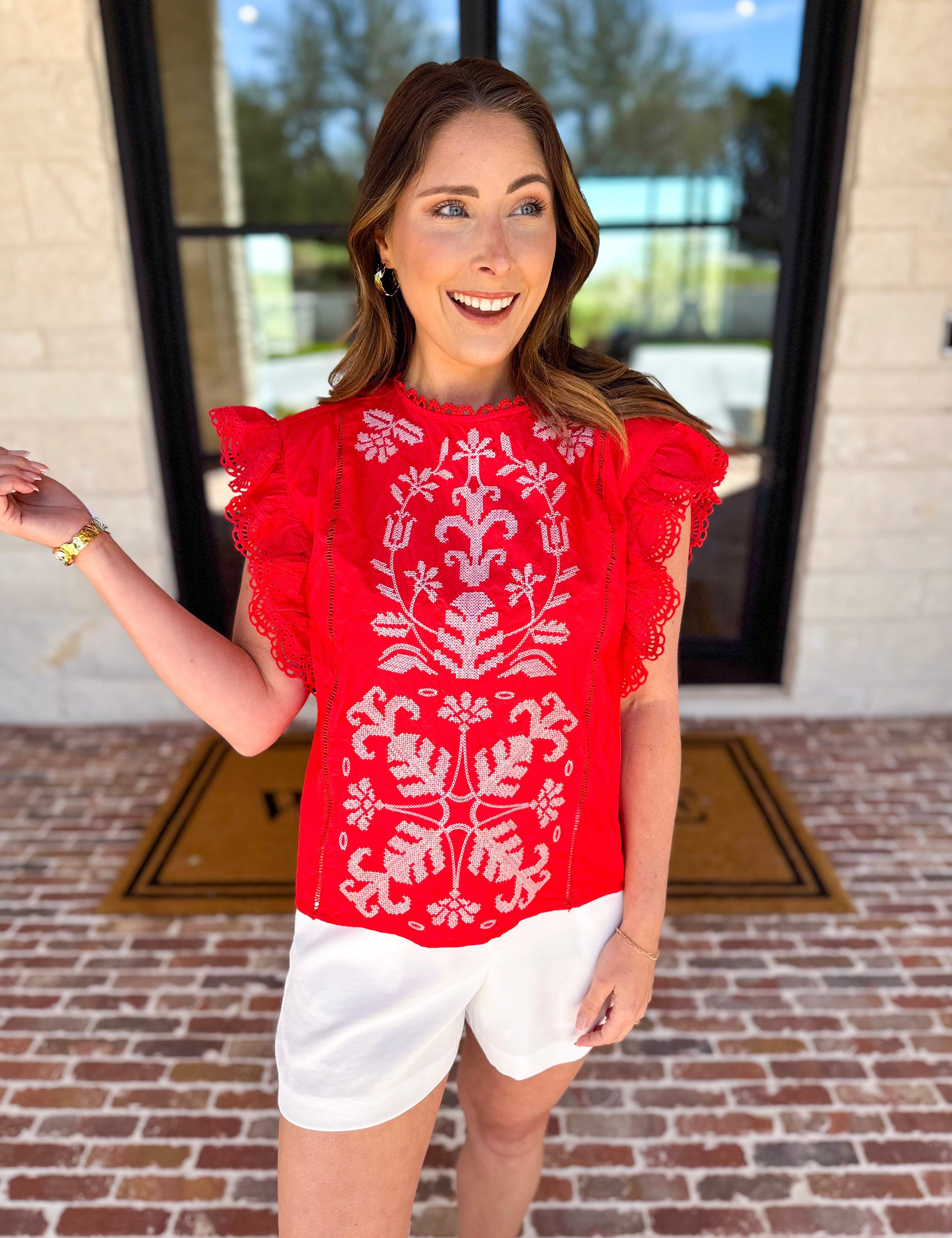 Tomato Red Embroidered Blouse-200 Fashion Blouses-FATE-July & June Women's Fashion Boutique Located in San Antonio, Texas