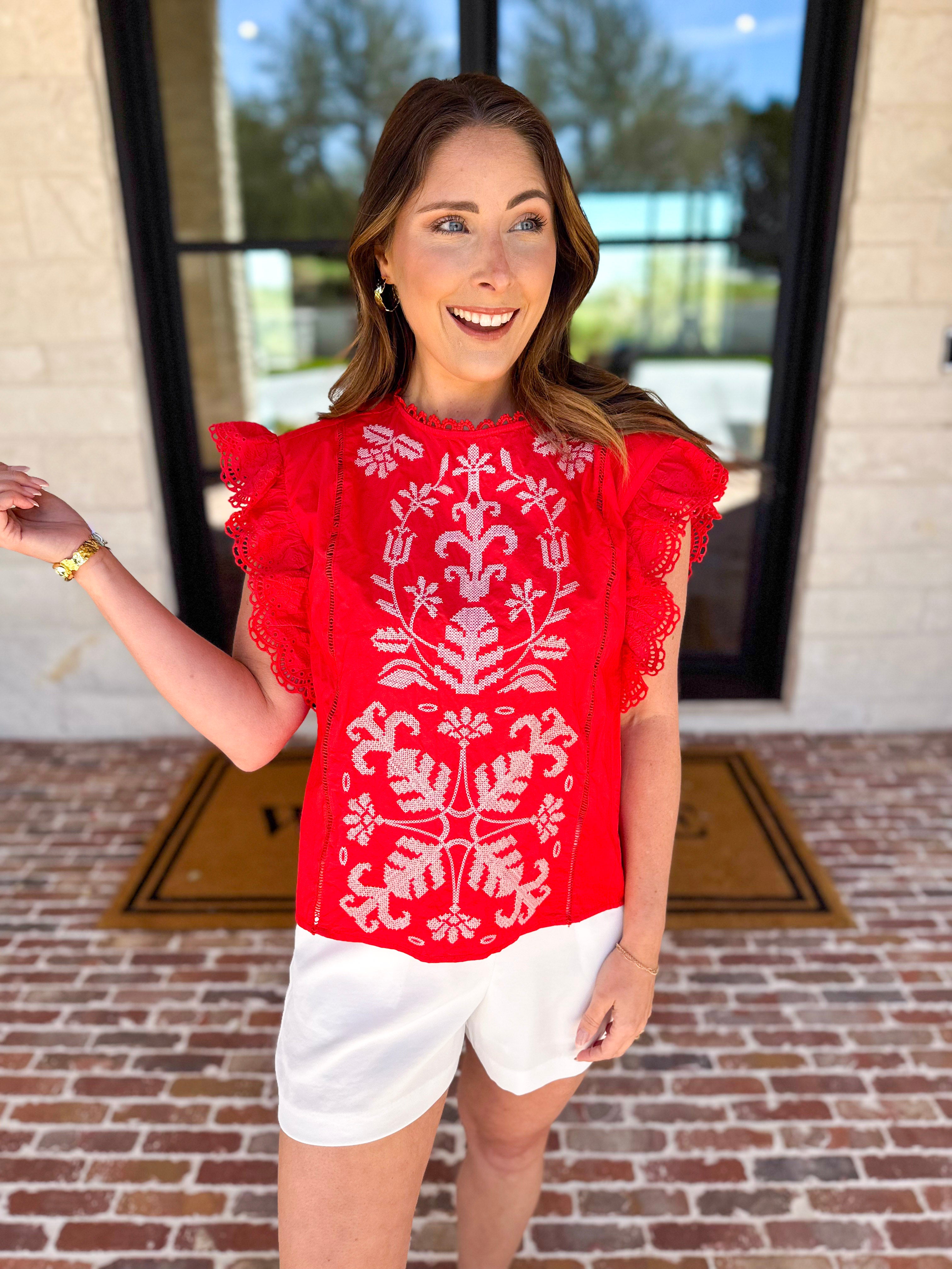 Tomato Red Embroidered Blouse-200 Fashion Blouses-FATE-July & June Women's Fashion Boutique Located in San Antonio, Texas