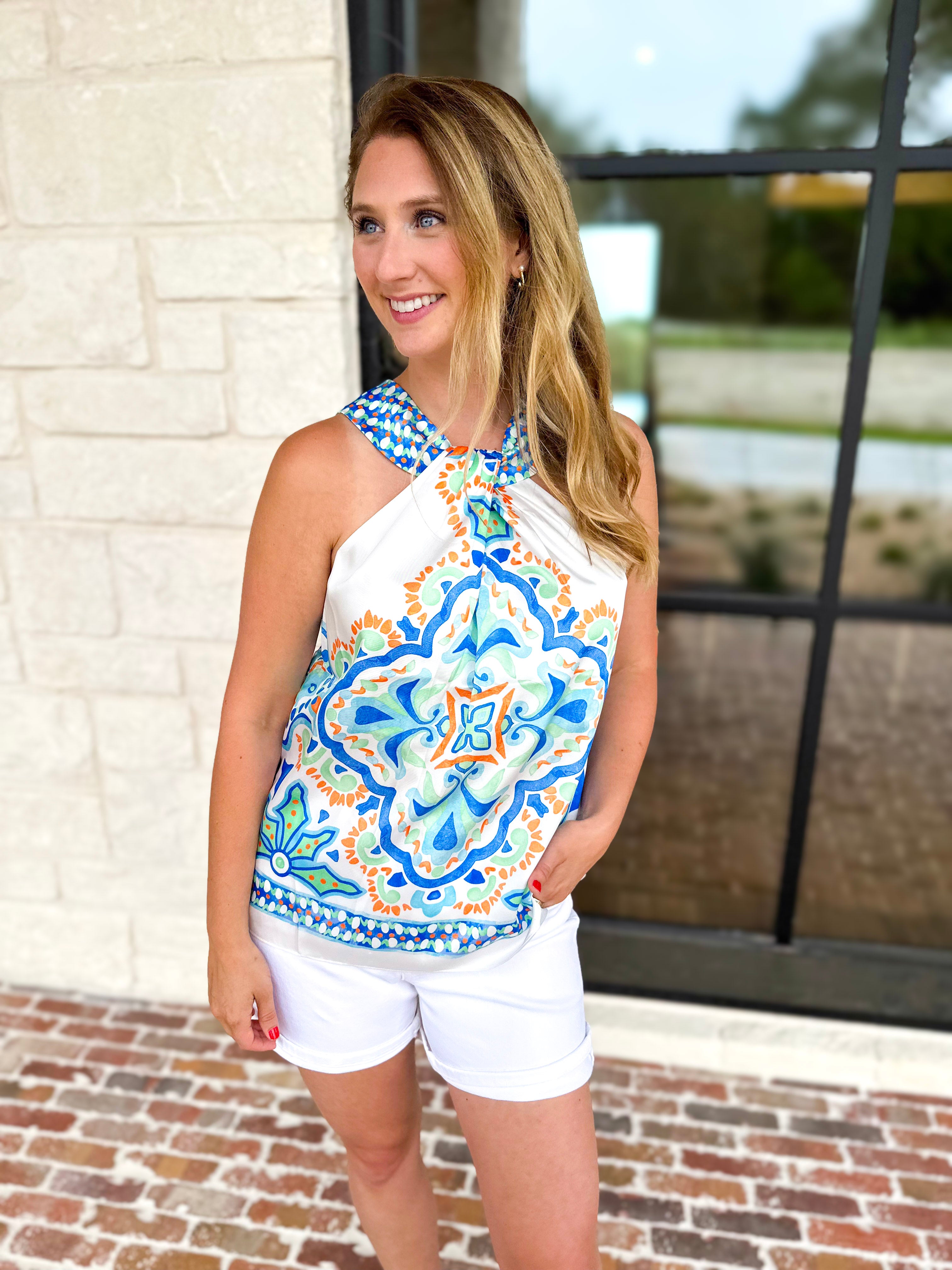 Current Air - Island Hour Satin Halter Blouse-200 Fashion Blouses-CURRENT AIR CLOTHING-July & June Women's Fashion Boutique Located in San Antonio, Texas