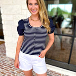 Navy Stripe Knit Tee-200 Fashion Blouses-SKIES ARE BLUE-July & June Women's Fashion Boutique Located in San Antonio, Texas