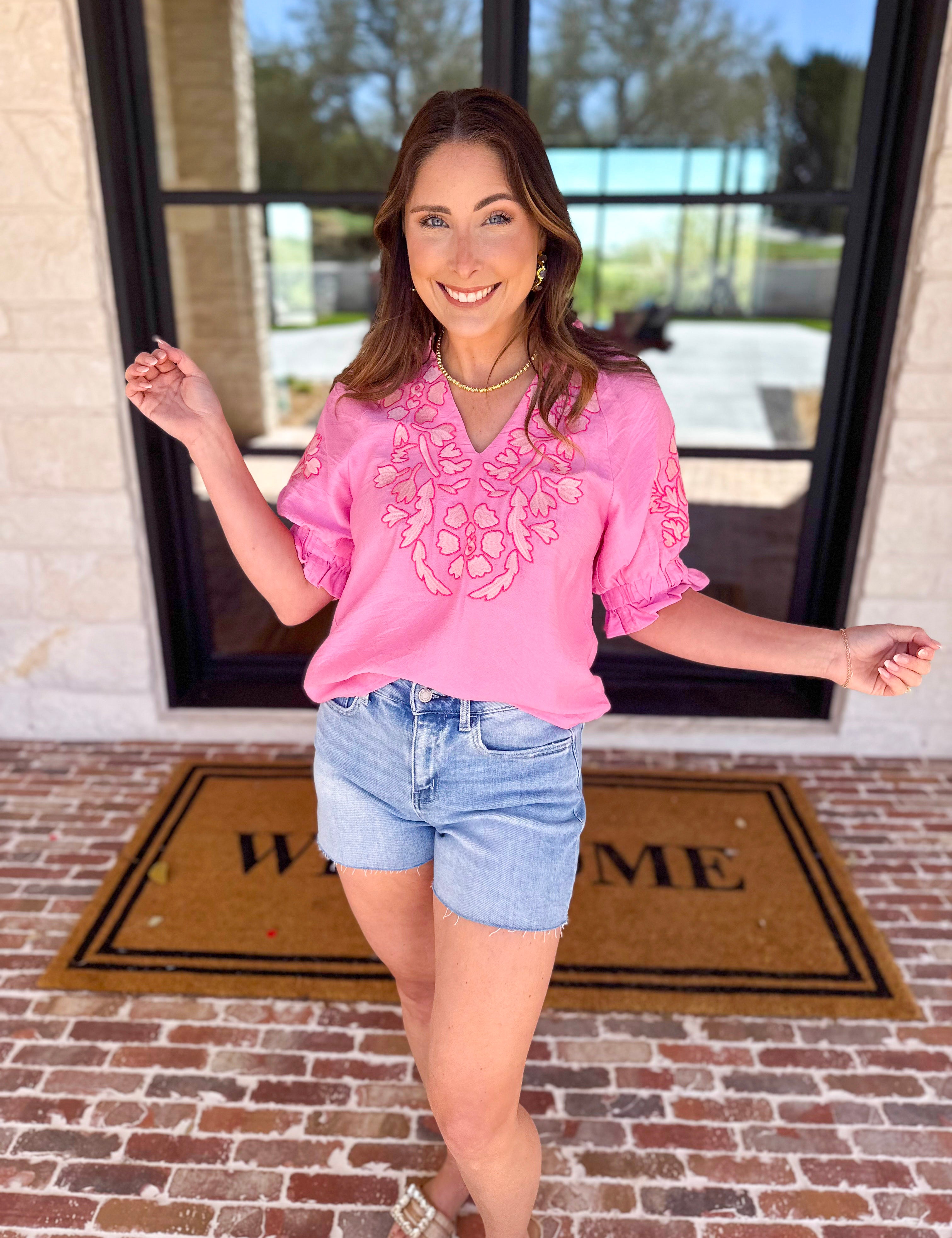 THML - Hot Pink Embroidered Blouse-200 Fashion Blouses-THML-July & June Women's Fashion Boutique Located in San Antonio, Texas