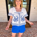 Tropical Blue Embroidered Blouse-200 Fashion Blouses-FATE-July & June Women's Fashion Boutique Located in San Antonio, Texas