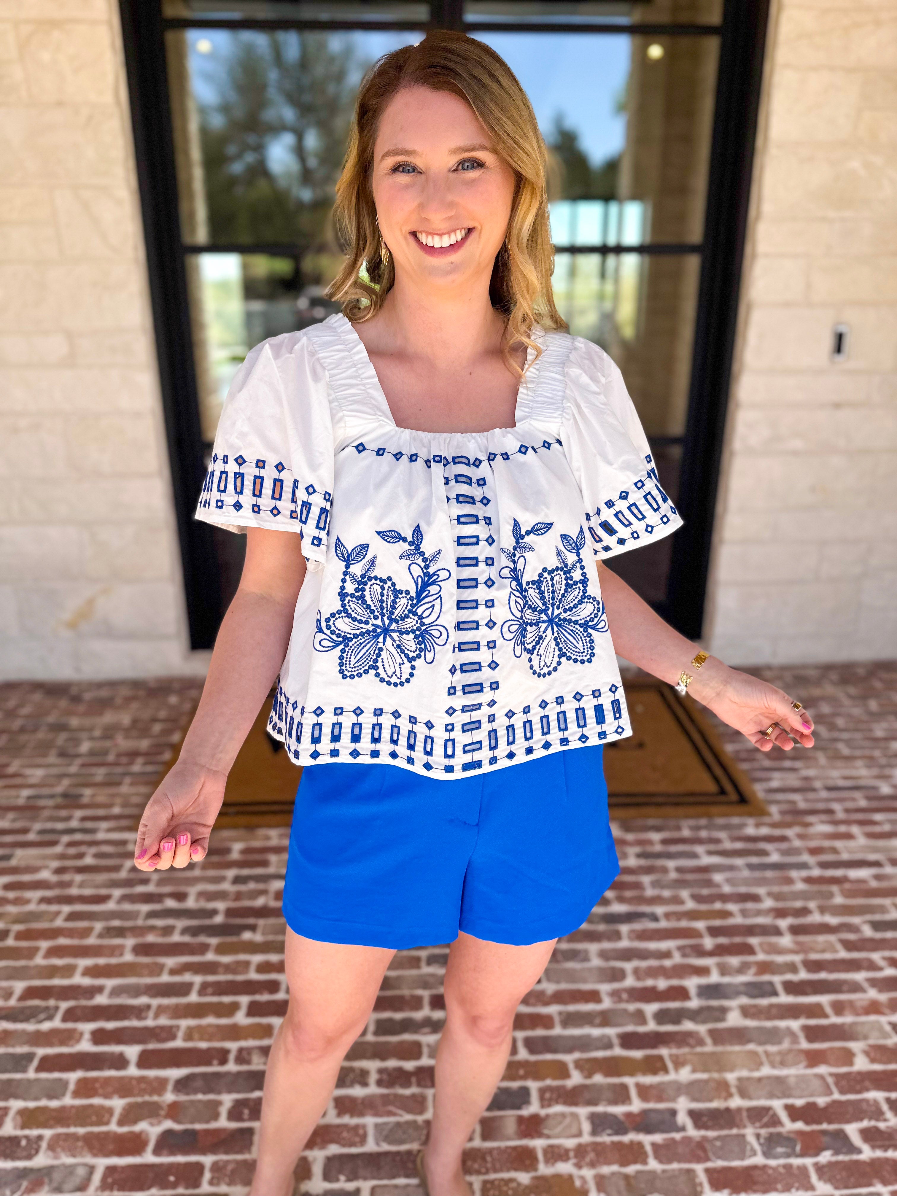 Tropical Blue Embroidered Blouse-200 Fashion Blouses-FATE-July & June Women's Fashion Boutique Located in San Antonio, Texas