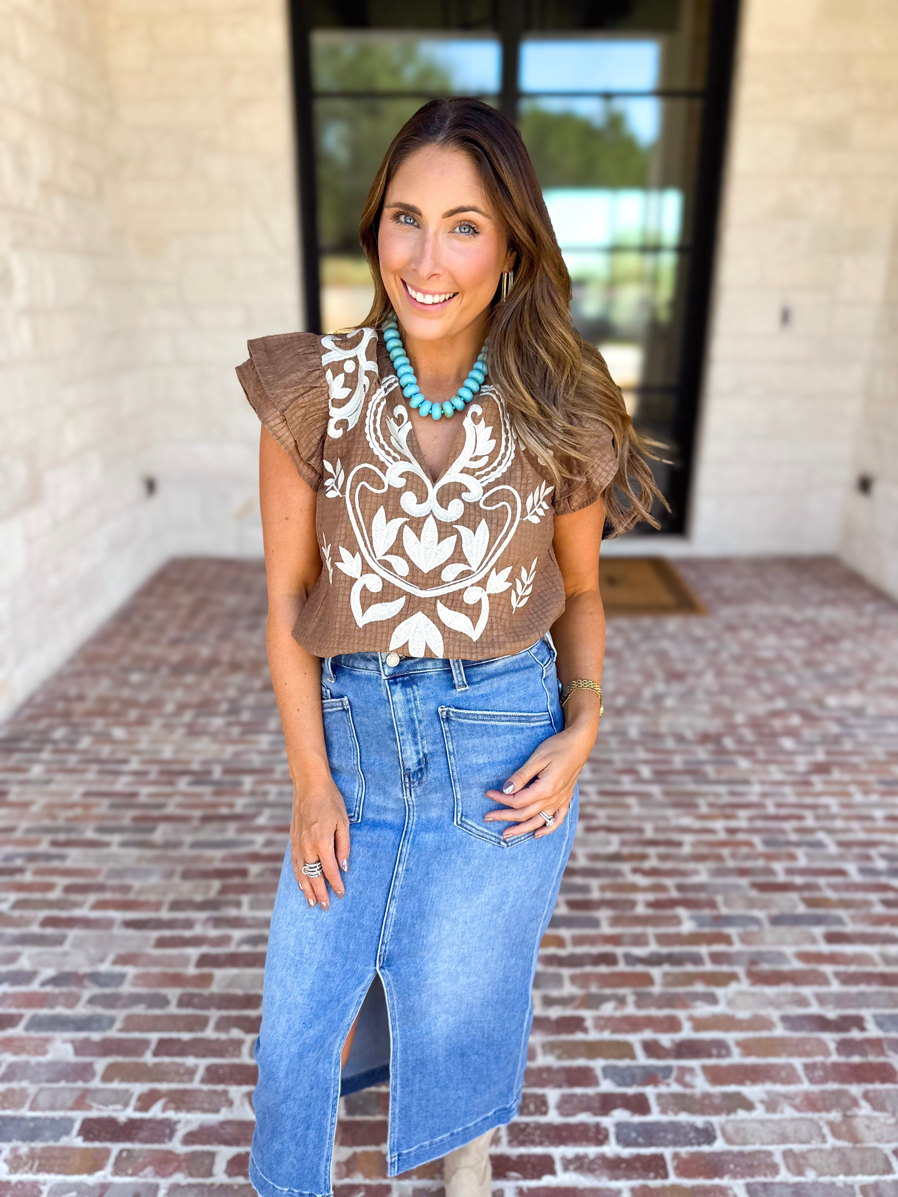 THML - Nutmeg Embroidered Flutter Sleeve Blouse-200 Fashion Blouses-THML-July & June Women's Fashion Boutique Located in San Antonio, Texas