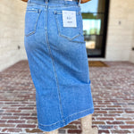 Vervet - Patch Pocket Denim Midi Skirt-410 Shorts/Skirts-VEVERT BY FLYING MONKEY-July & June Women's Fashion Boutique Located in San Antonio, Texas