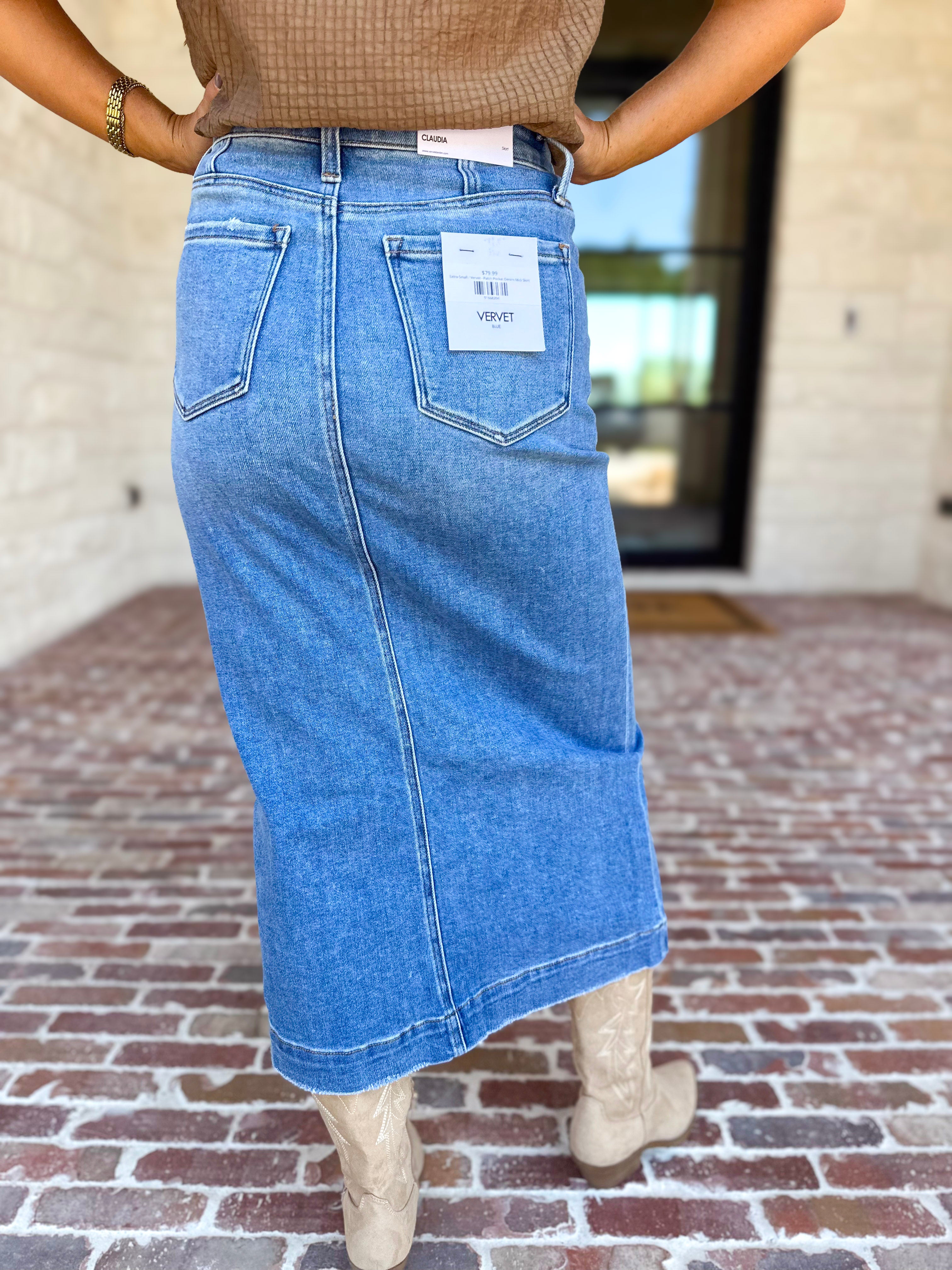 Vervet - Patch Pocket Denim Midi Skirt-410 Shorts/Skirts-VEVERT BY FLYING MONKEY-July & June Women's Fashion Boutique Located in San Antonio, Texas