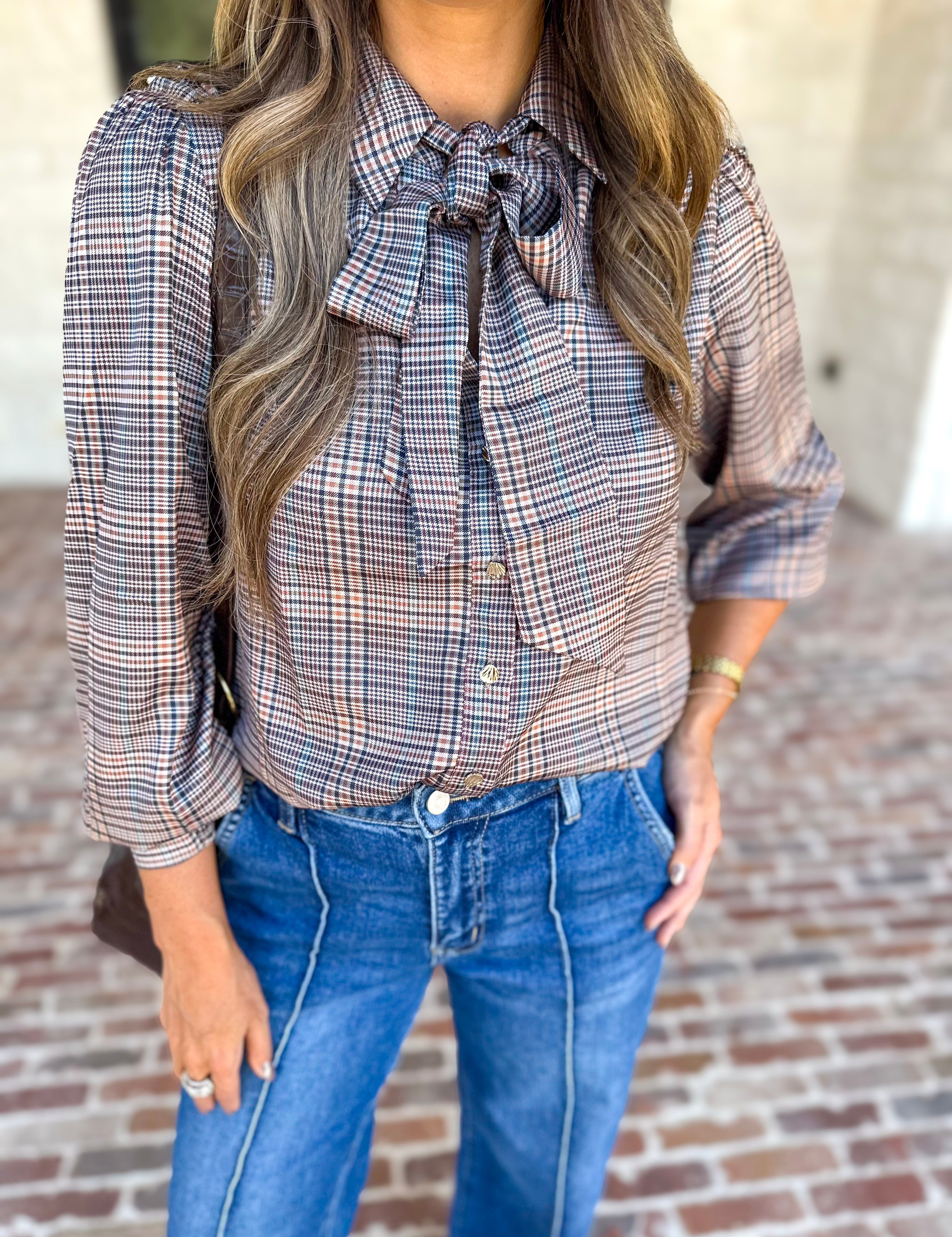 Current Air - Uptown Plaid Button Down Blouse-200 Fashion Blouses-CURRENT AIR CLOTHING-July & June Women's Fashion Boutique Located in San Antonio, Texas