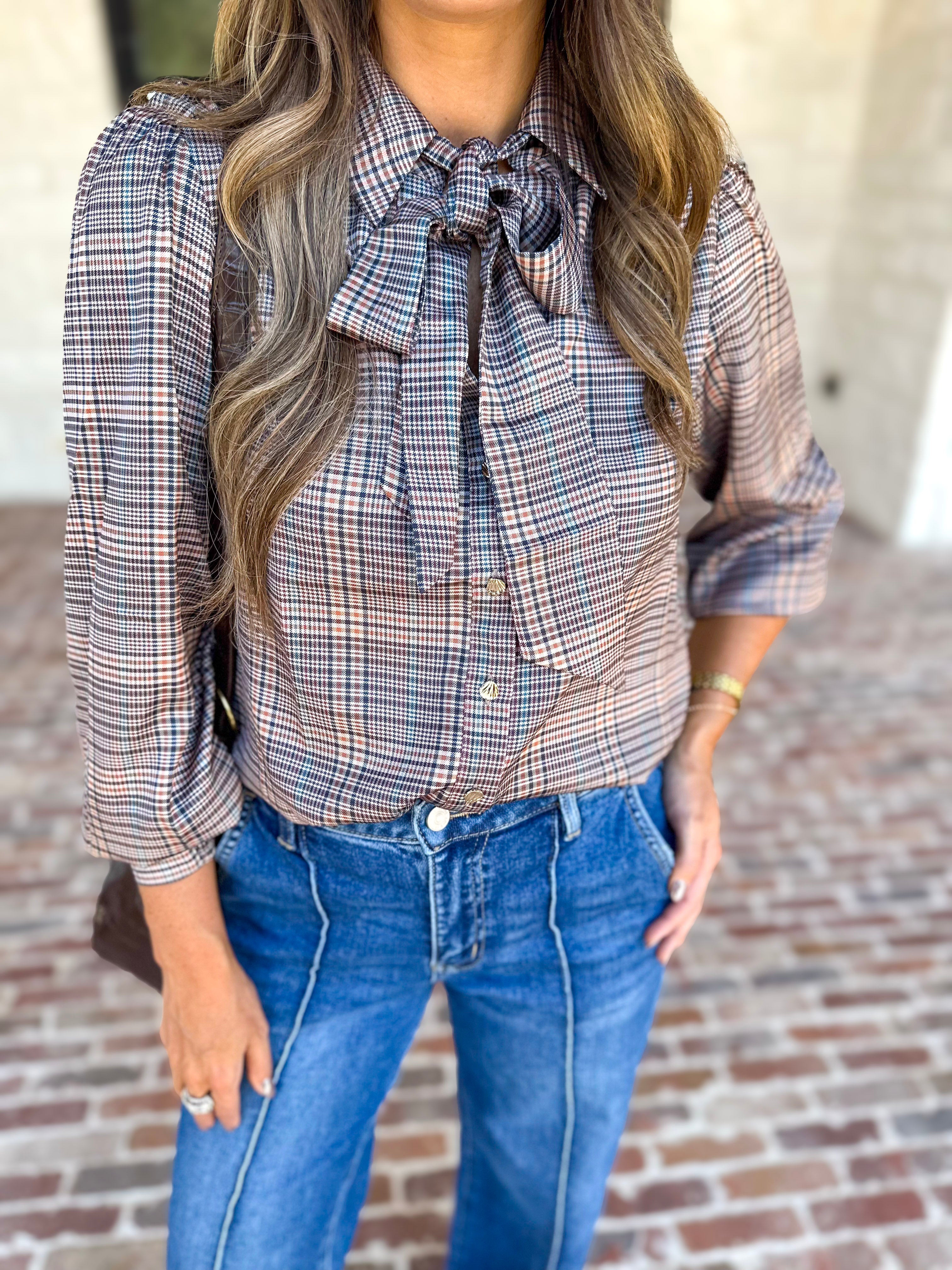 Current Air - Uptown Plaid Button Down Blouse-200 Fashion Blouses-CURRENT AIR CLOTHING-July & June Women's Fashion Boutique Located in San Antonio, Texas