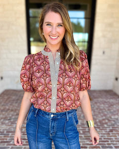 Rosewood Puff Sleeve Blouse-200 Fashion Blouses-ENTRO-July & June Women's Fashion Boutique Located in San Antonio, Texas