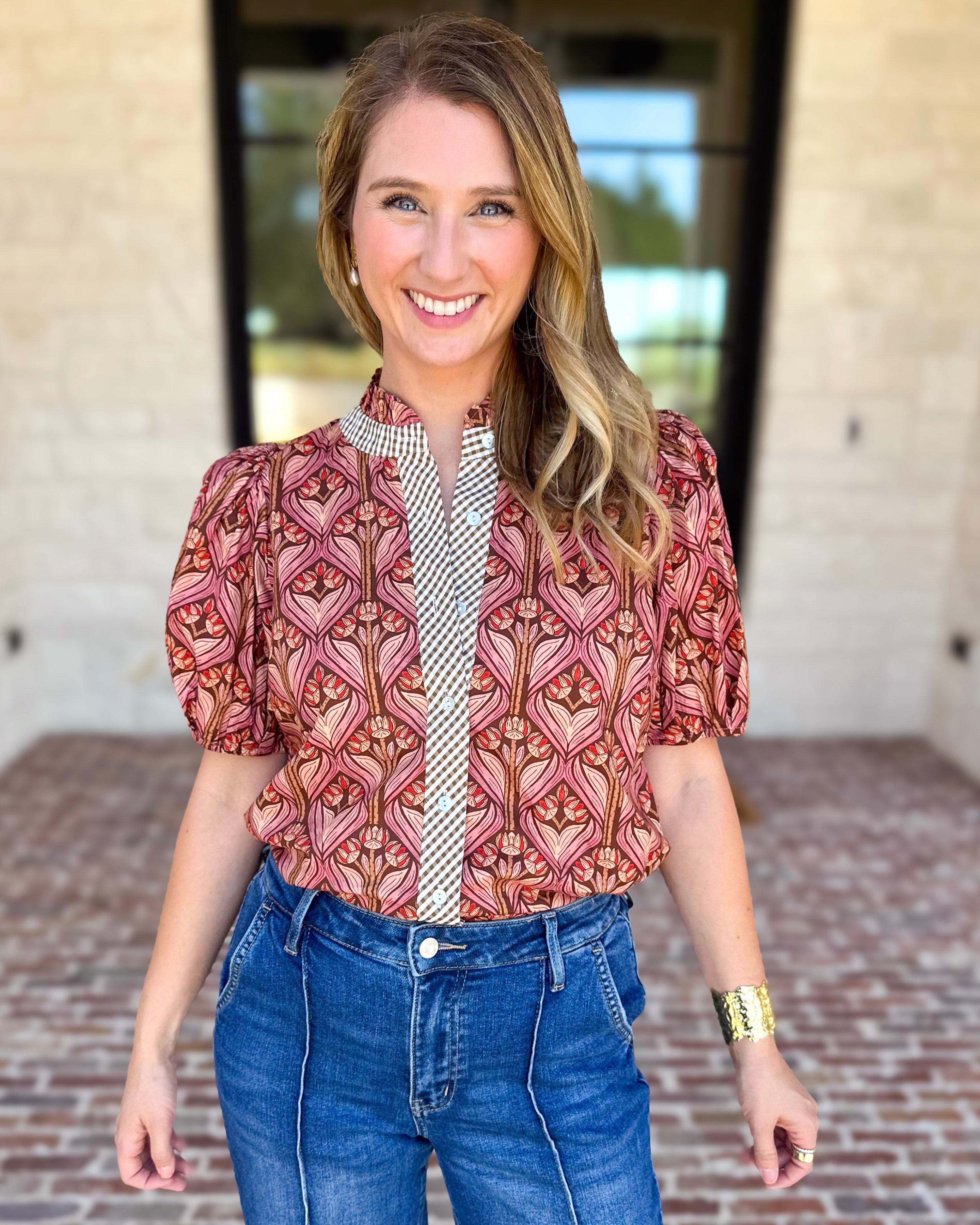 Rosewood Puff Sleeve Blouse-200 Fashion Blouses-ENTRO-July & June Women's Fashion Boutique Located in San Antonio, Texas