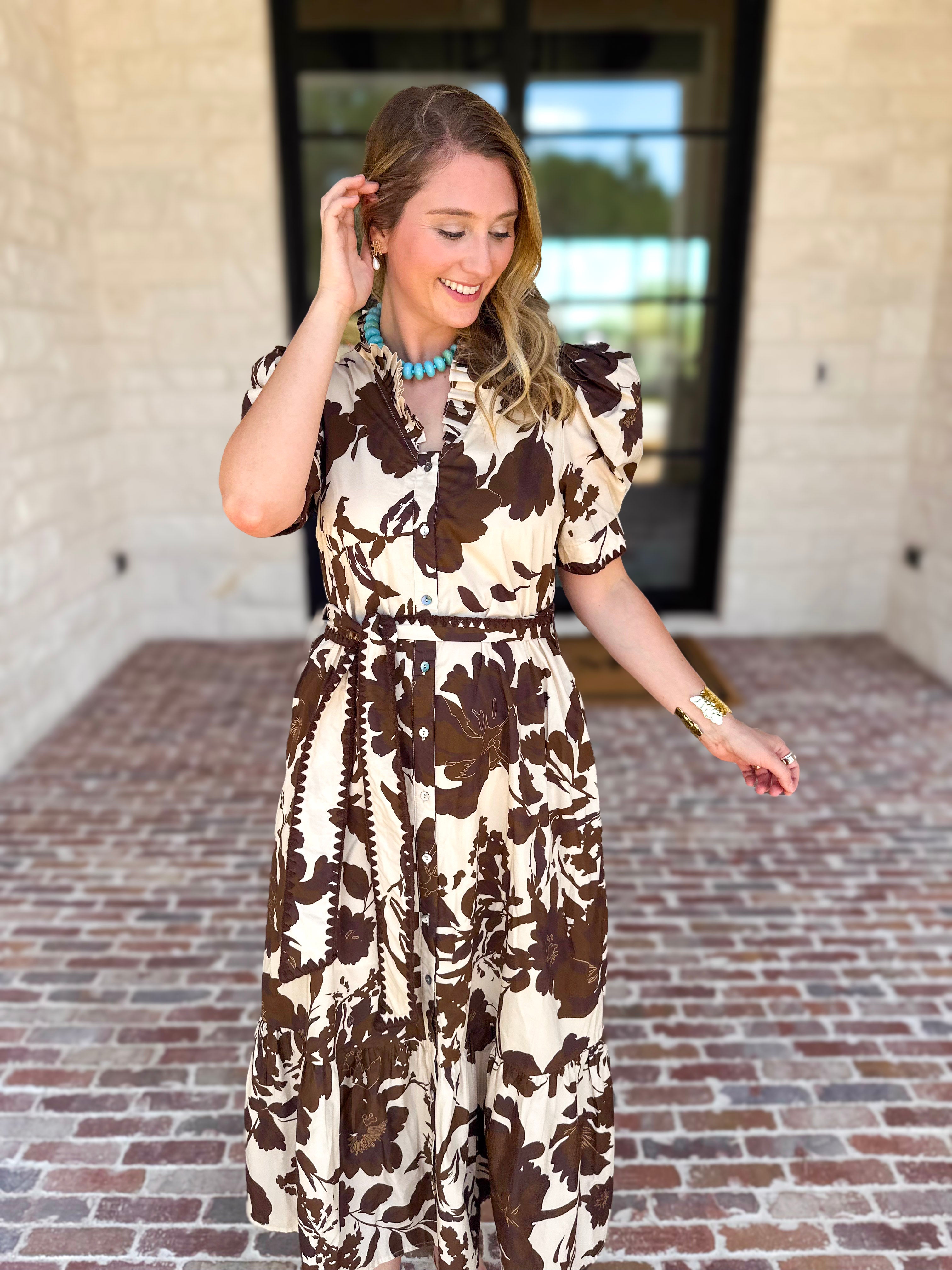 Mocha Magnolia Midi Dress-500 Midi-ENTRO-July & June Women's Fashion Boutique Located in San Antonio, Texas