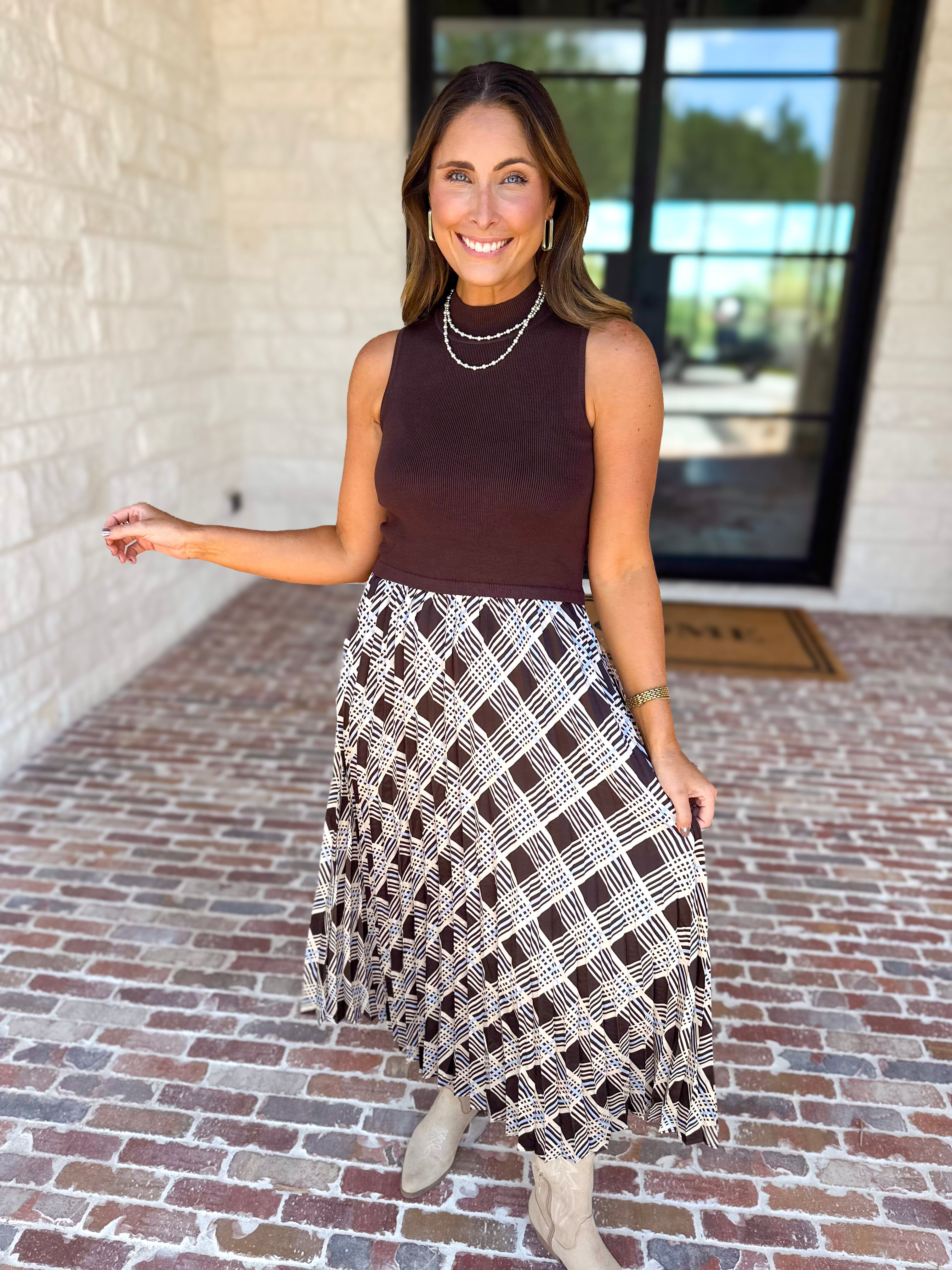 Cocoa Sky Texture Contrast Midi Dress-500 Midi-SKIES ARE BLUE-July & June Women's Fashion Boutique Located in San Antonio, Texas