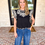 THML - Black Flutter Sleeve Embroidered Blouse-200 Fashion Blouses-THML-July & June Women's Fashion Boutique Located in San Antonio, Texas
