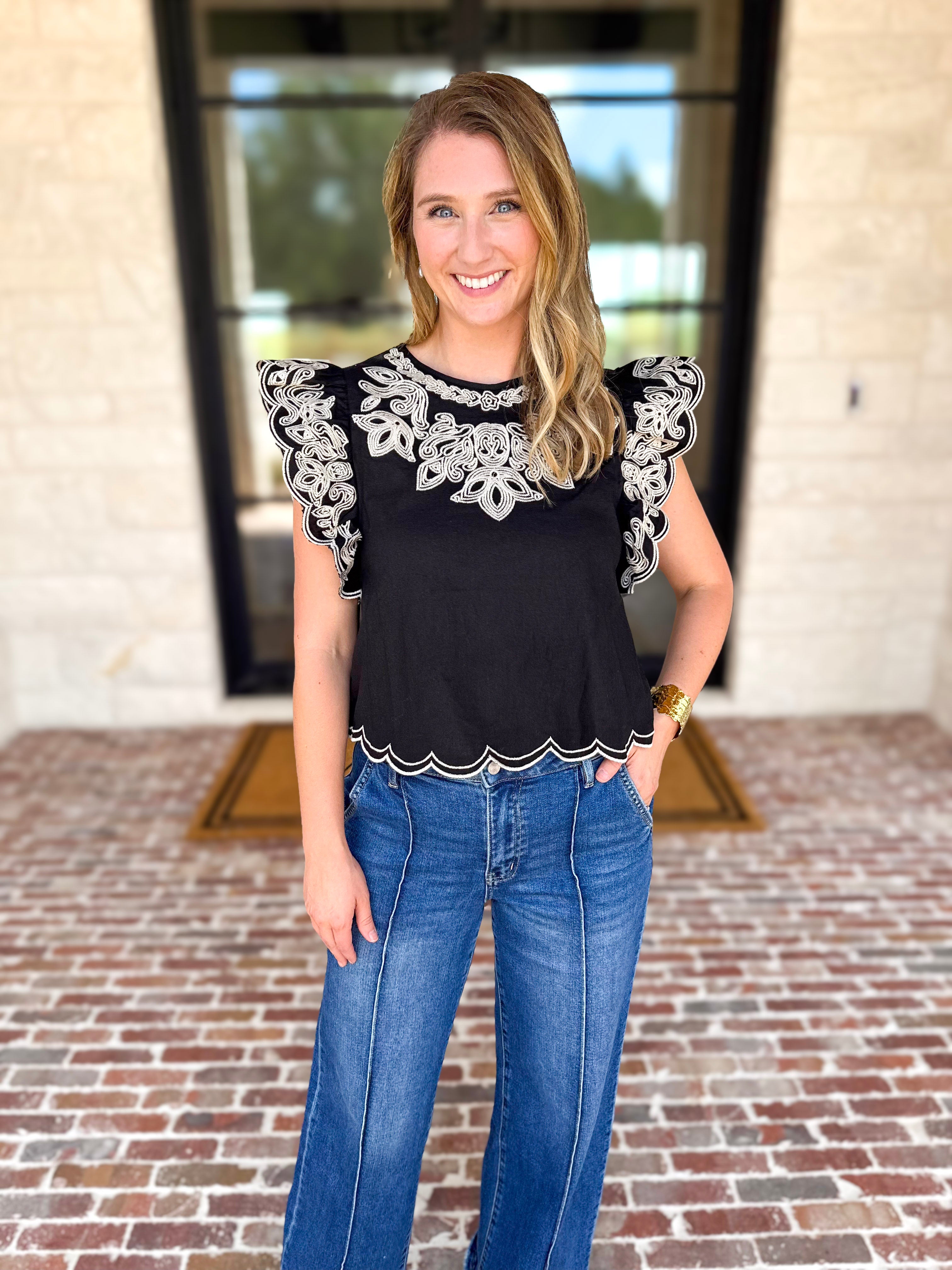 THML - Black Flutter Sleeve Embroidered Blouse-200 Fashion Blouses-THML-July & June Women's Fashion Boutique Located in San Antonio, Texas
