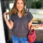 Liverpool - V-Neck Cinch Knit Top - Charcoal-230 Sweaters/Cardis-LIVERPOOL JEANS COMPANY-July & June Women's Fashion Boutique Located in San Antonio, Texas