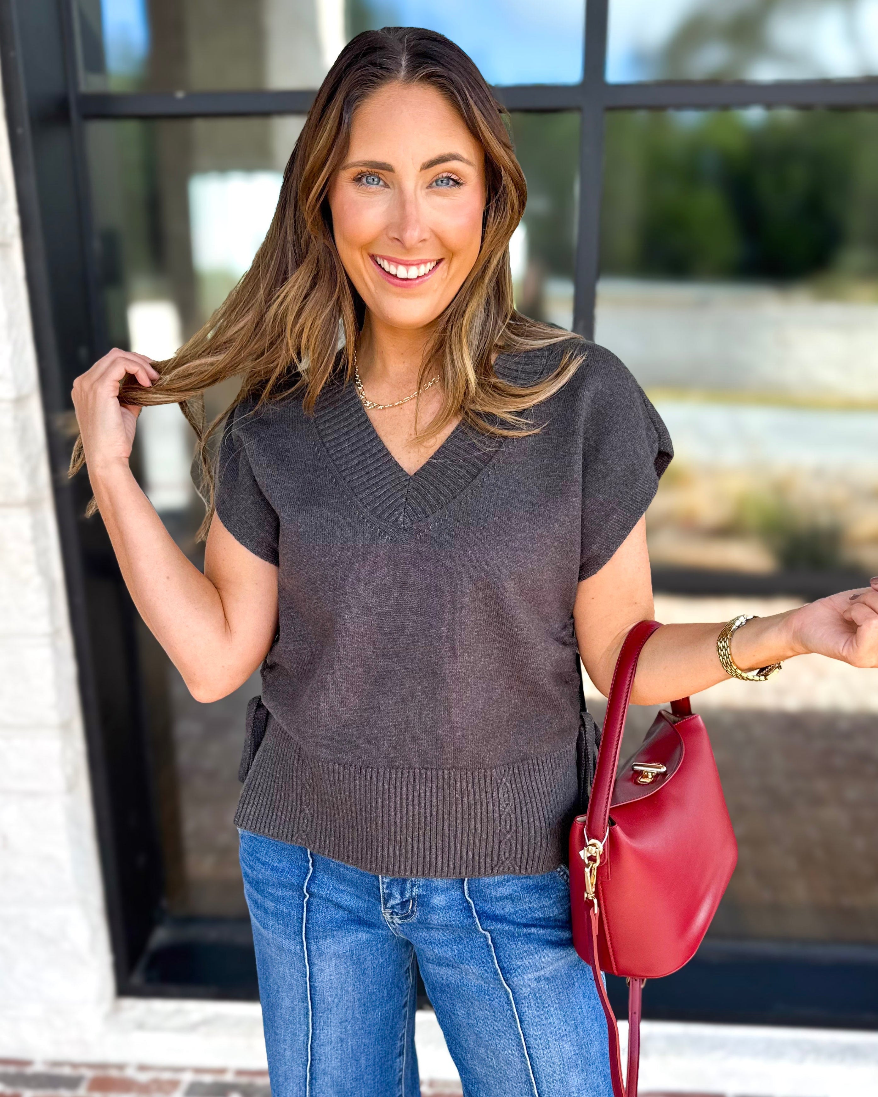Liverpool - V-Neck Cinch Knit Top - Charcoal-230 Sweaters/Cardis-LIVERPOOL JEANS COMPANY-July & June Women's Fashion Boutique Located in San Antonio, Texas