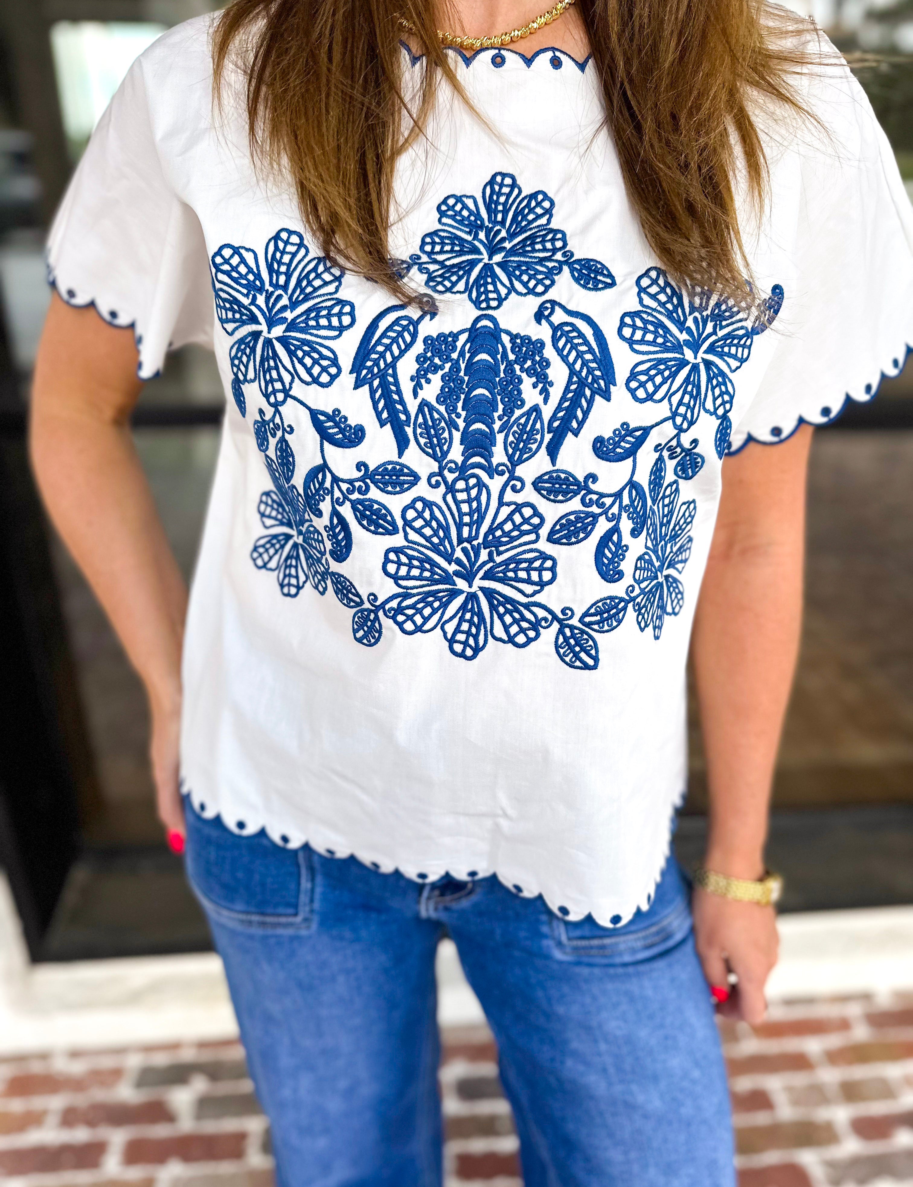 Coastal Embroidered Blouse - White-200 Fashion Blouses-JODIFL-July & June Women's Fashion Boutique Located in San Antonio, Texas