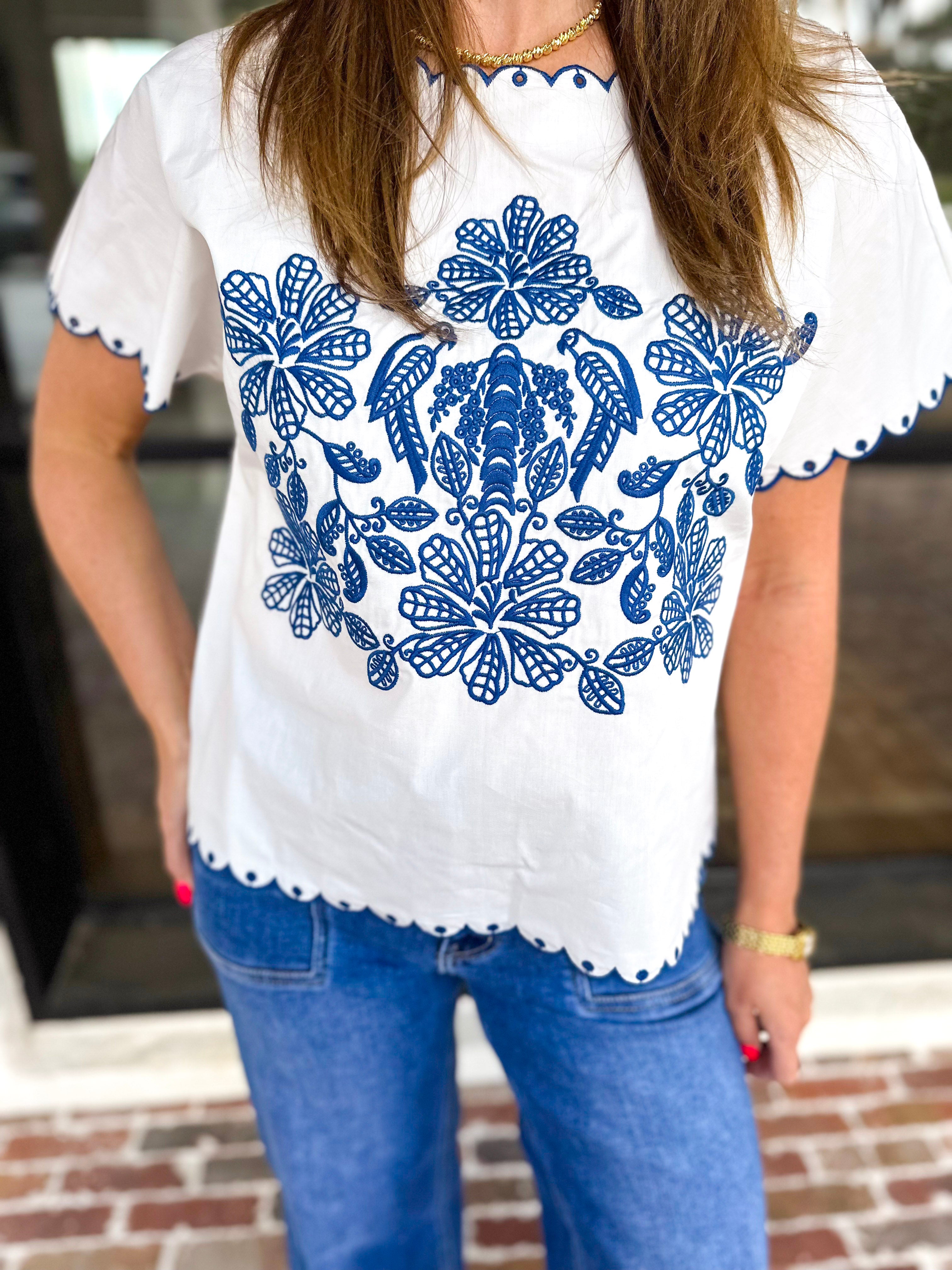 Coastal Embroidered Blouse - White-200 Fashion Blouses-JODIFL-July & June Women's Fashion Boutique Located in San Antonio, Texas