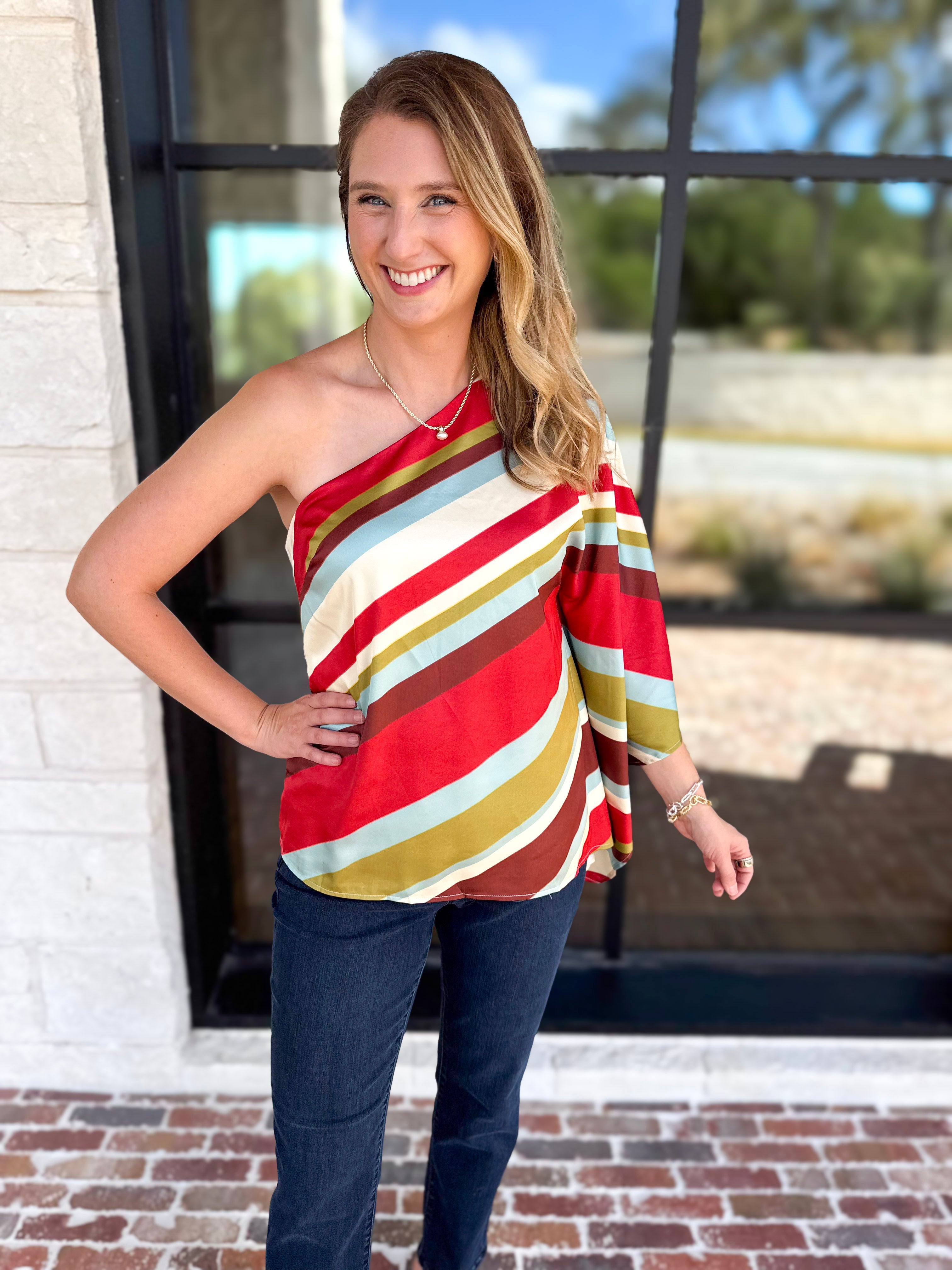 Color Rush One Shoulder Blouse-200 Fashion Blouses-TCEC-July & June Women's Fashion Boutique Located in San Antonio, Texas
