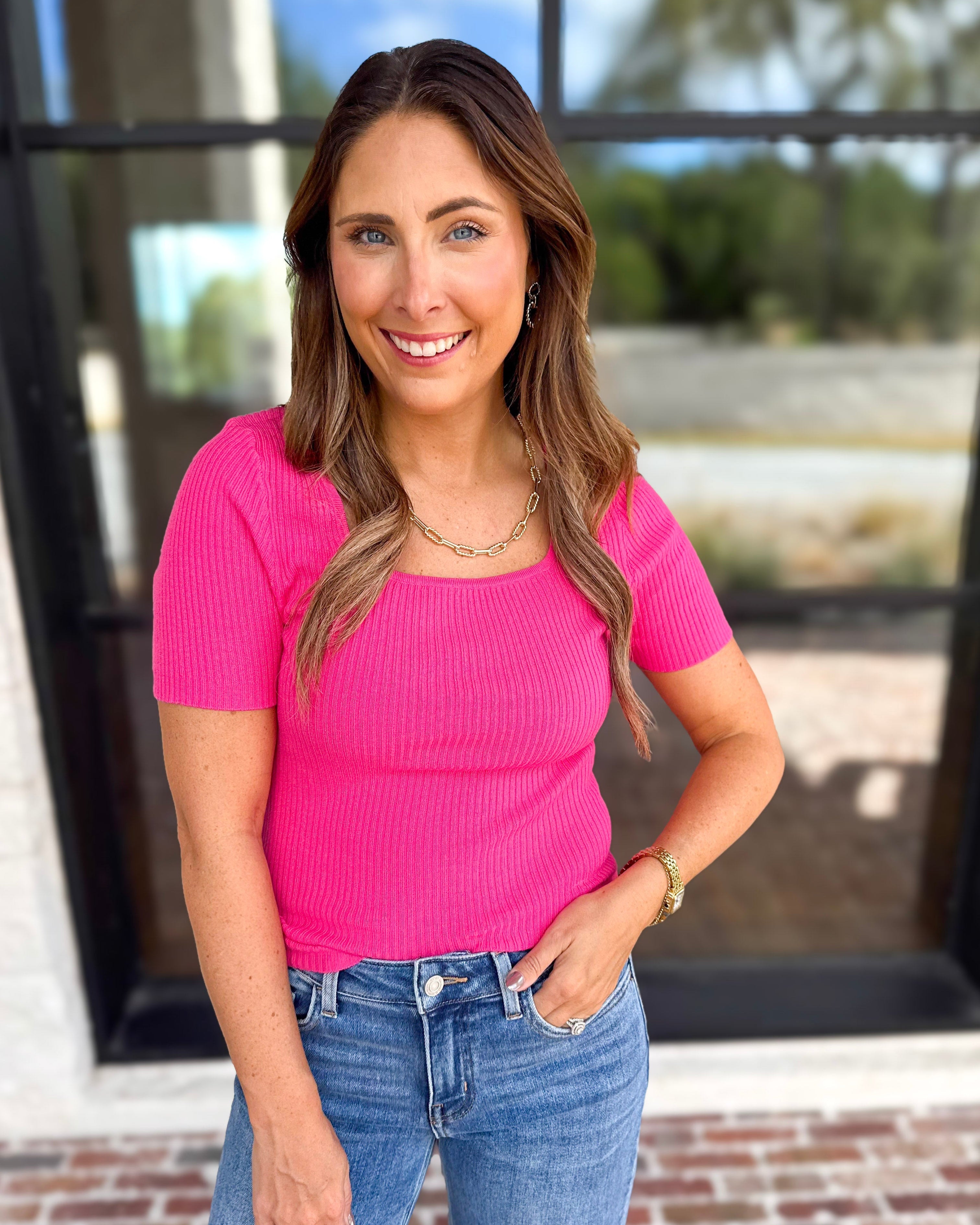 Ribbed Square Neck Knit Top - Hot Pink-230 Sweaters/Cardis-ALLIE ROSE-July & June Women's Fashion Boutique Located in San Antonio, Texas