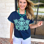 Coastal Embroidered Blouse - Navy-200 Fashion Blouses-JODIFL-July & June Women's Fashion Boutique Located in San Antonio, Texas