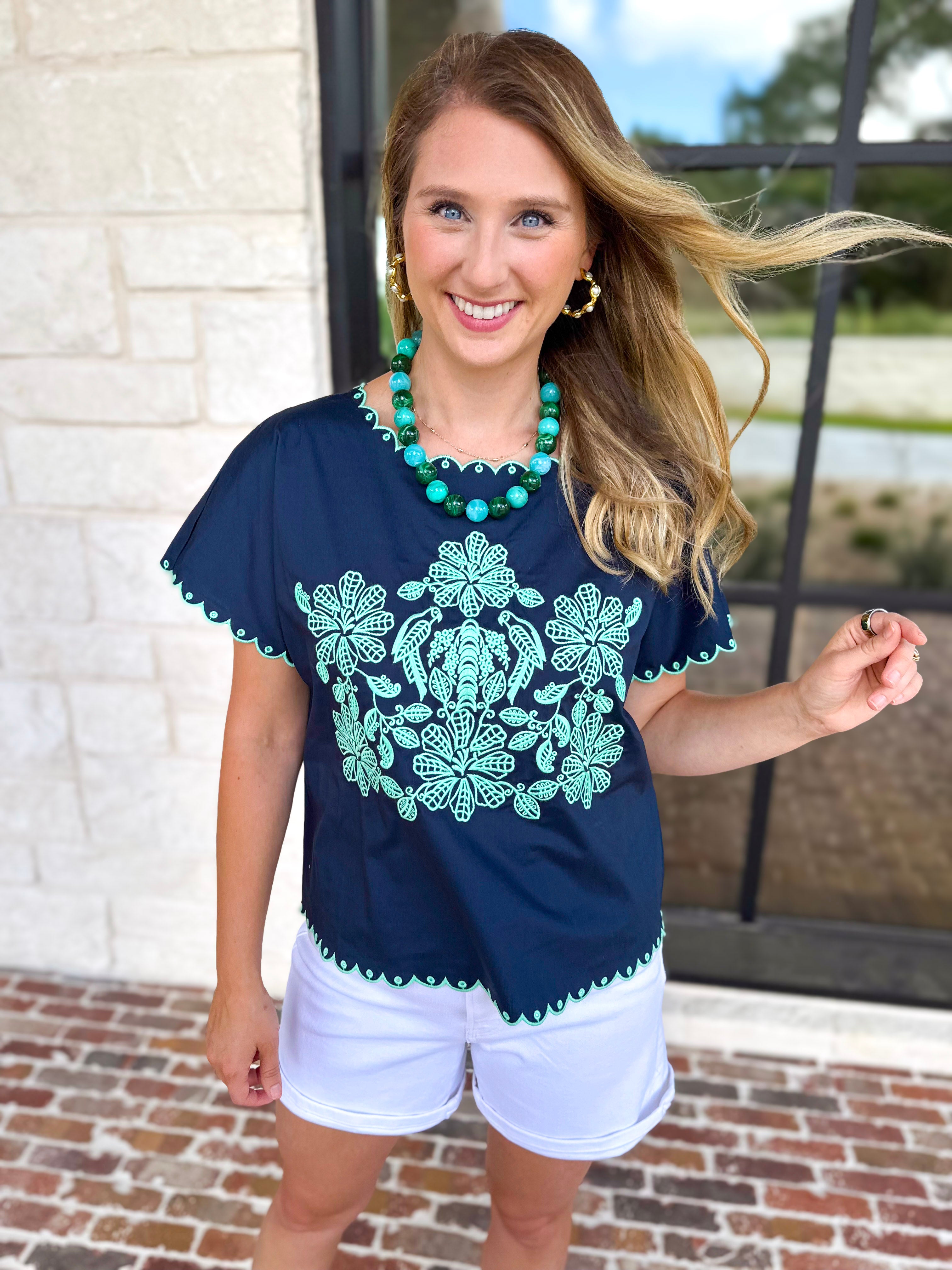 Coastal Embroidered Blouse - Navy-200 Fashion Blouses-JODIFL-July & June Women's Fashion Boutique Located in San Antonio, Texas