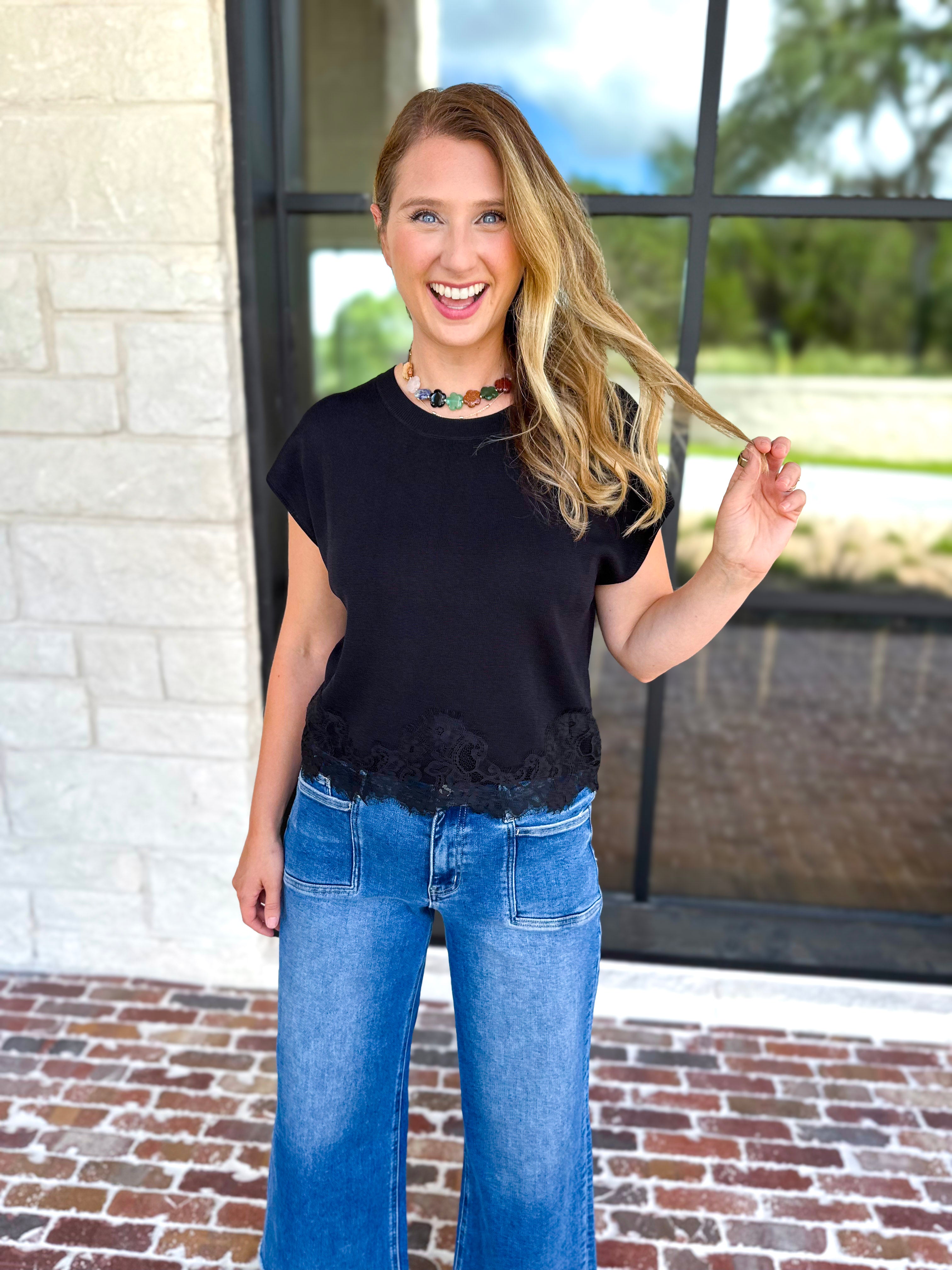 Collins Lace Trim Blouse - Black-200 Fashion Blouses-ENTRO-July & June Women's Fashion Boutique Located in San Antonio, Texas