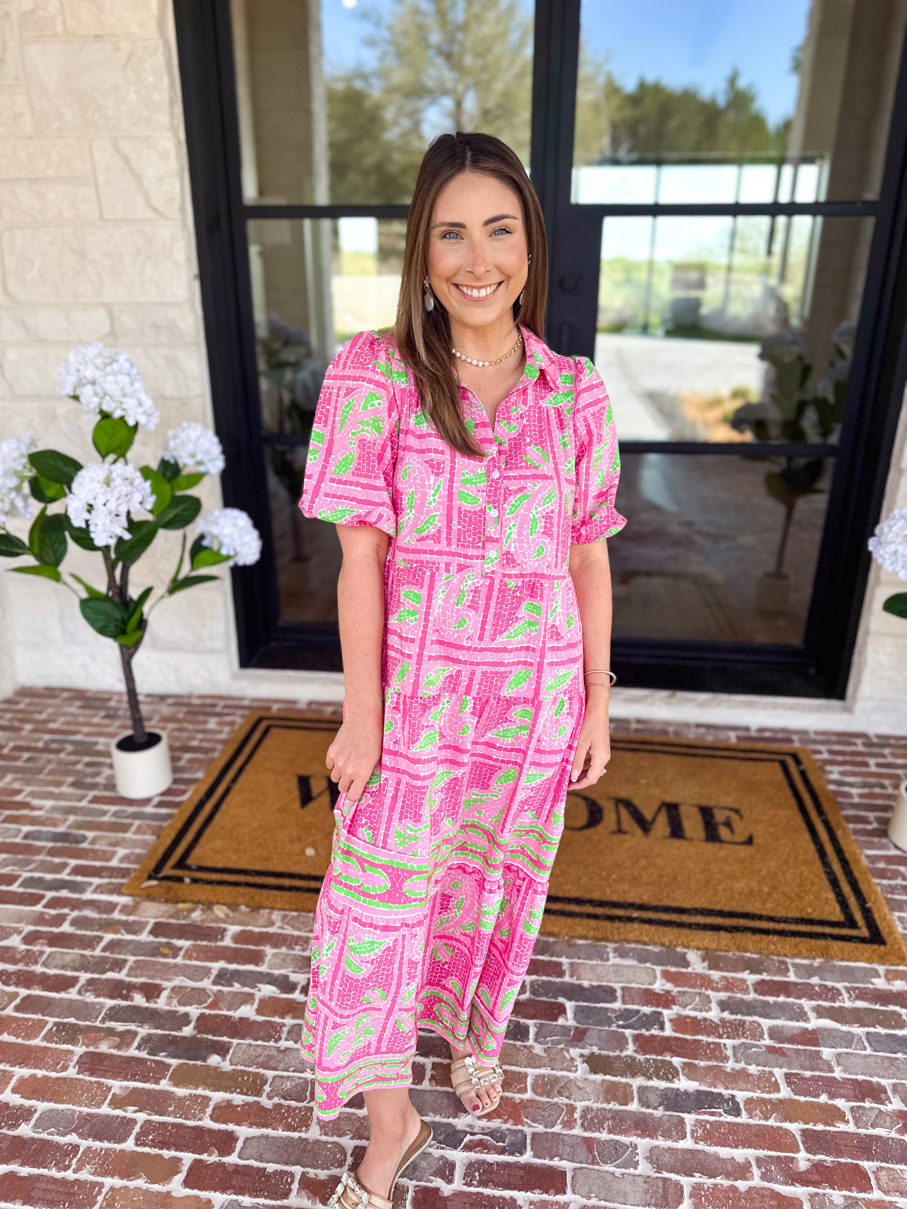 Mary Square - Pink Trellis Tiles Midi Dress-500 Midi-MARY SQUARE-July & June Women's Fashion Boutique Located in San Antonio, Texas