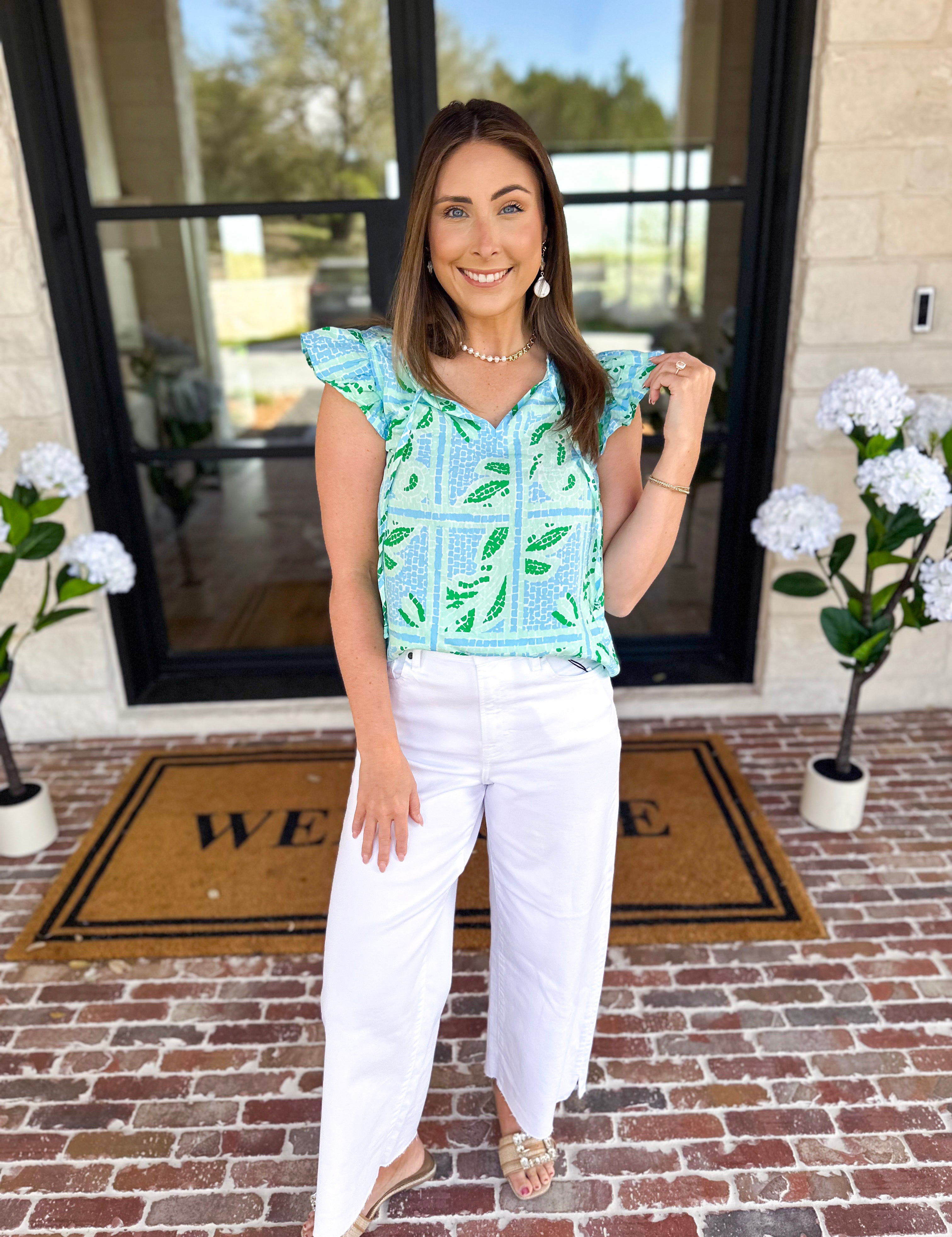 Mary Square - Lydia Trellis Tiles Blouse - Blue-200 Fashion Blouses-MARY SQUARE-July & June Women's Fashion Boutique Located in San Antonio, Texas