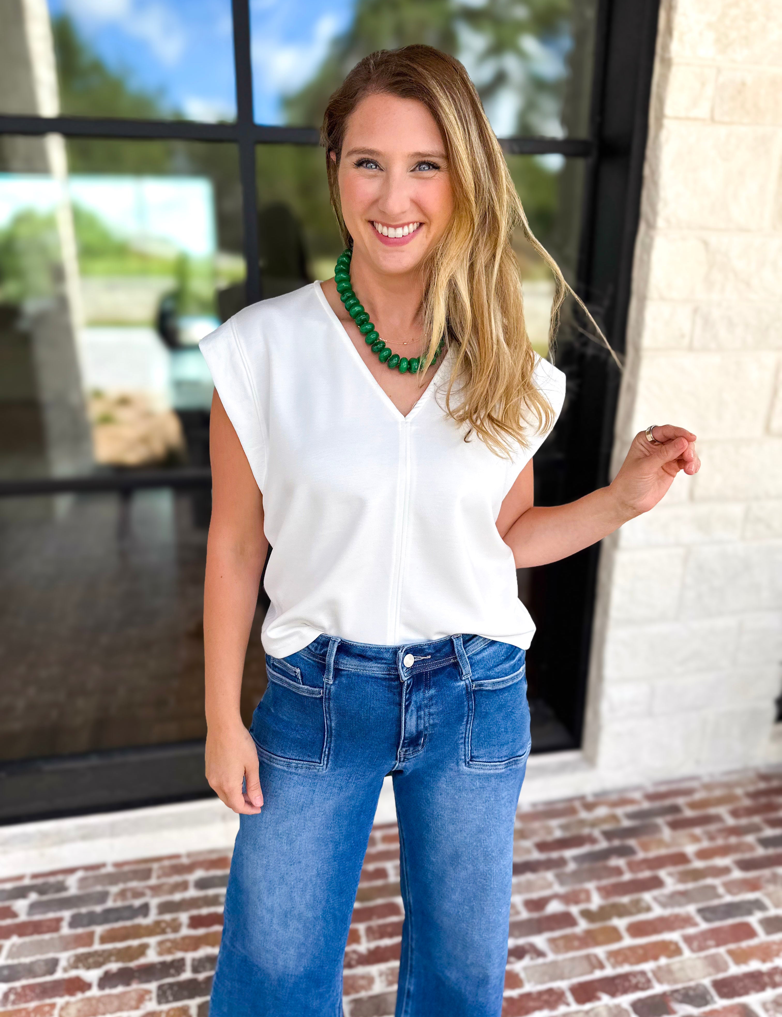 Casual Staples V-Neck Top - Ivory-210 Casual Blouses-ENTRO-July & June Women's Fashion Boutique Located in San Antonio, Texas