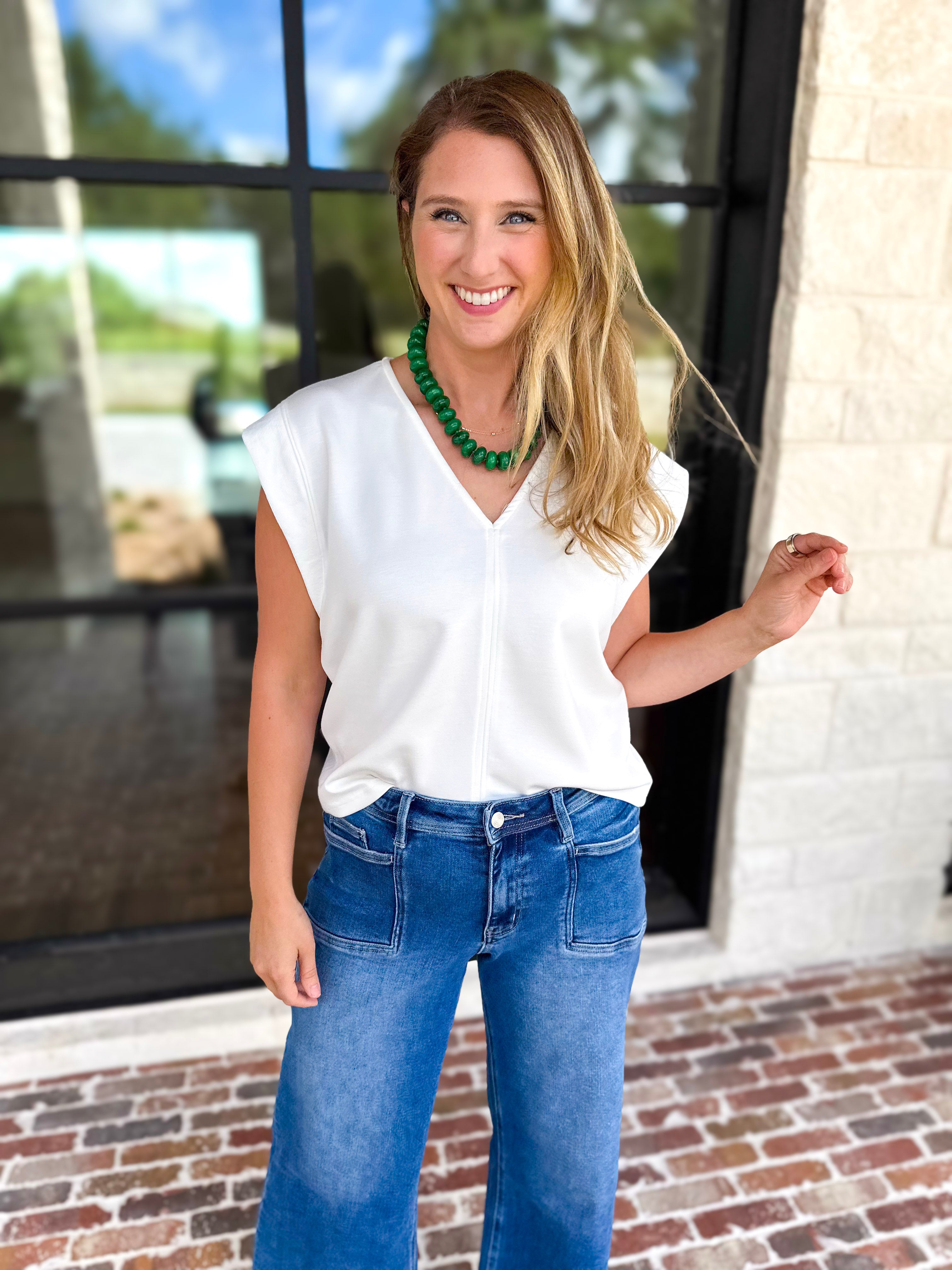 Casual Staples V-Neck Top - Ivory-210 Casual Blouses-ENTRO-July & June Women's Fashion Boutique Located in San Antonio, Texas