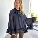 Feminine Flowy Ruffled Blouse - Black-200 Fashion Blouses-TCEC-July & June Women's Fashion Boutique Located in San Antonio, Texas