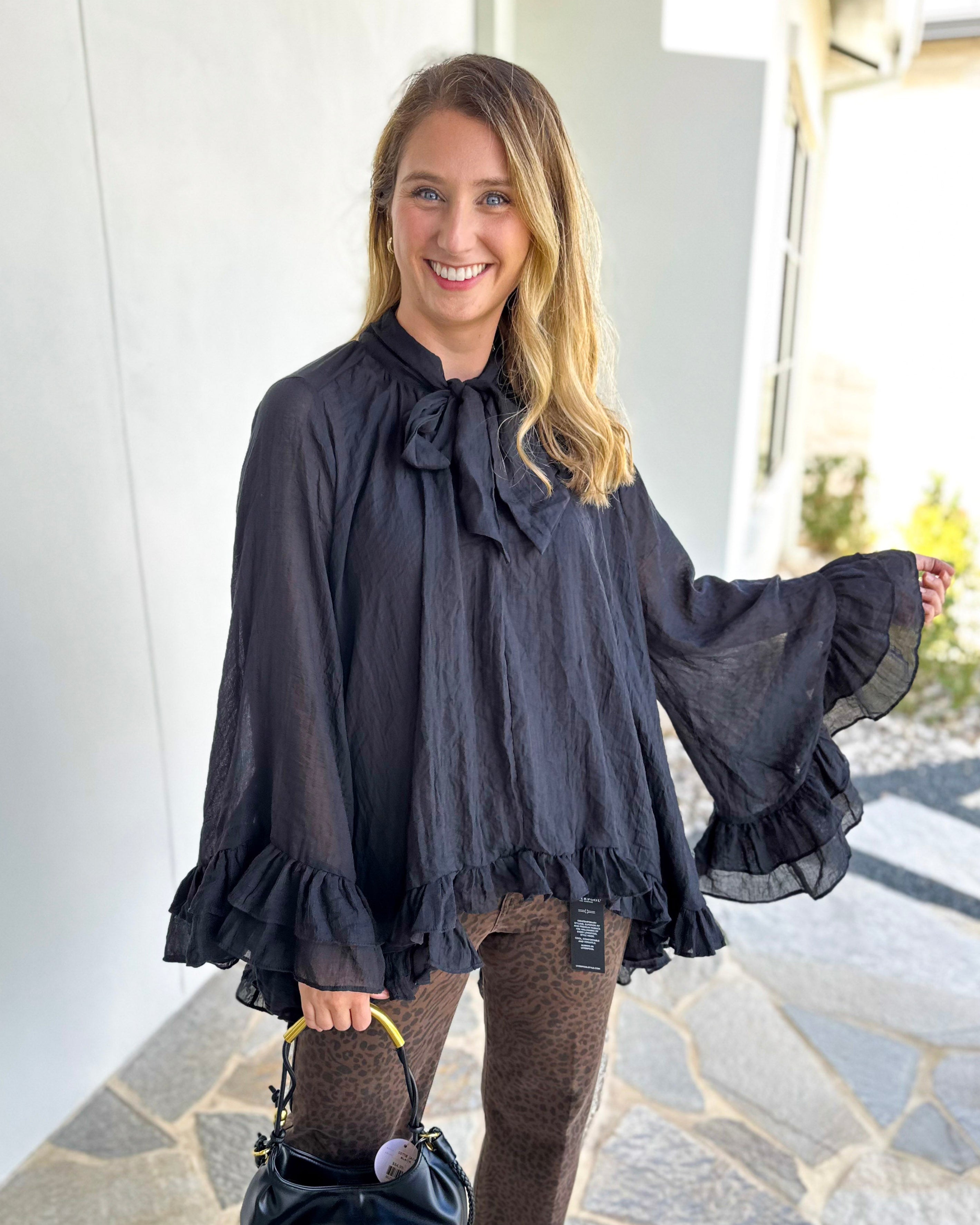 Feminine Flowy Ruffled Blouse - Black-200 Fashion Blouses-TCEC-July & June Women's Fashion Boutique Located in San Antonio, Texas