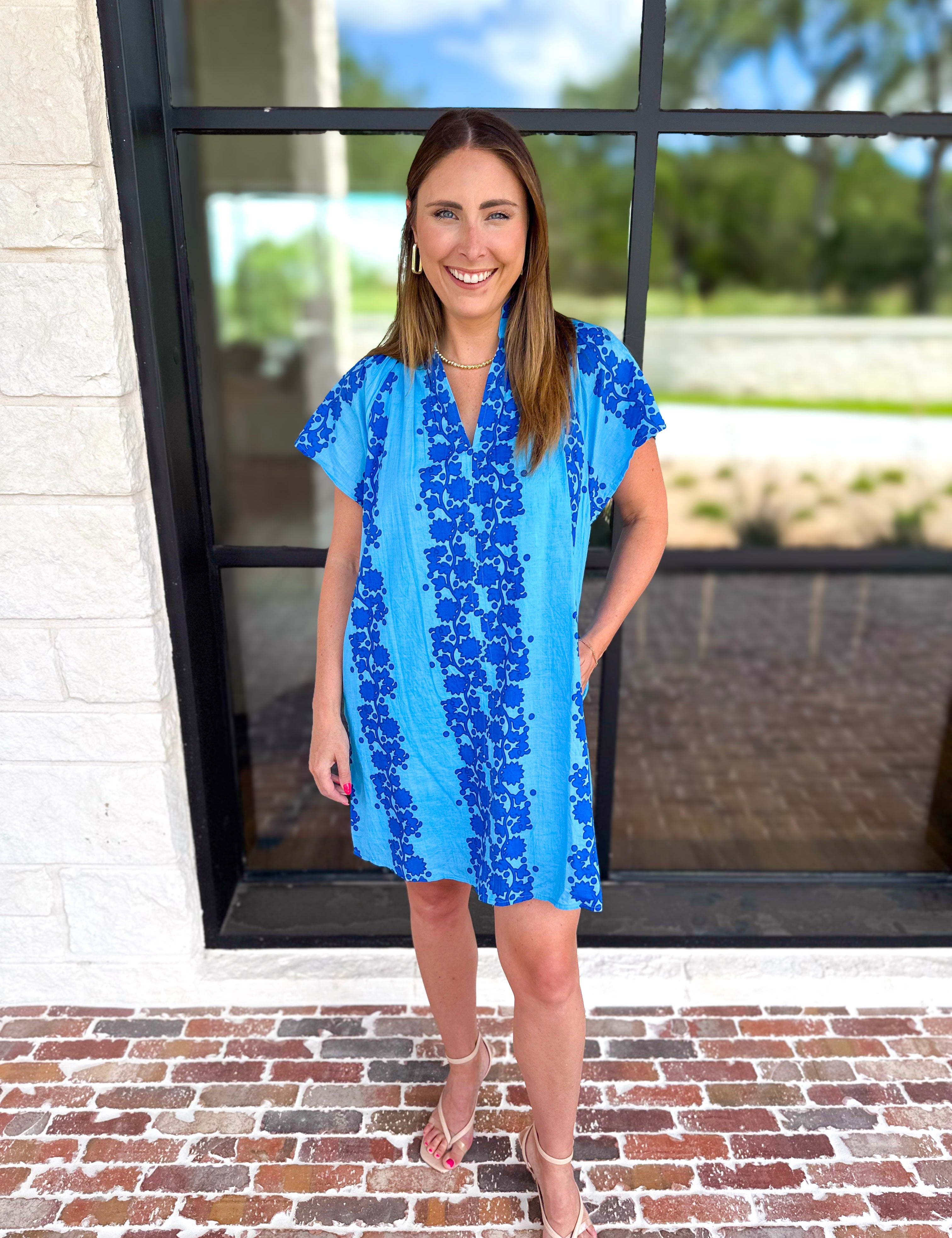 THML - Bold Floral Shift Mini Dress - Blue-510 Mini-THML-July & June Women's Fashion Boutique Located in San Antonio, Texas