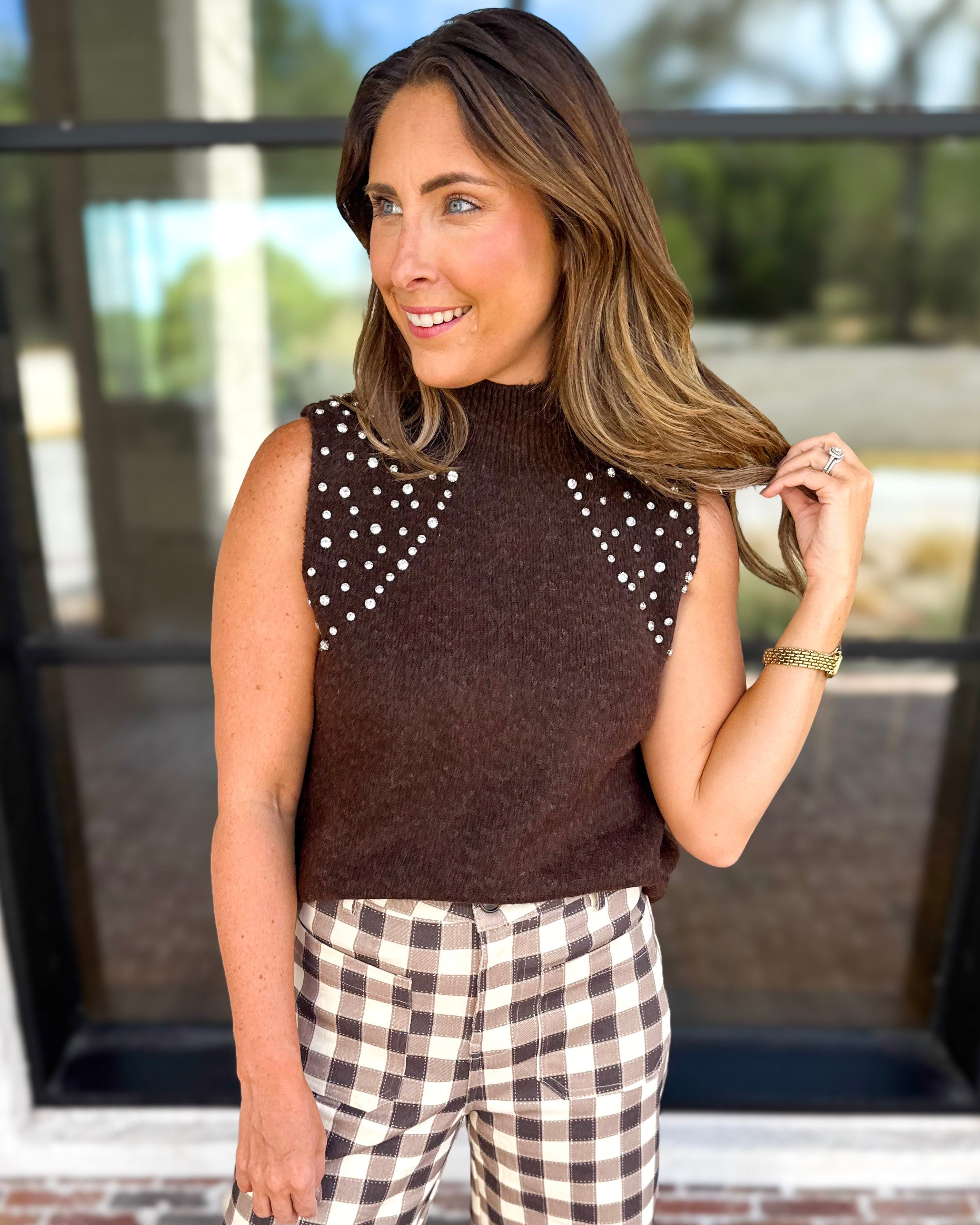 Happy Hour Embellished Sweater Tank-200 Fashion Blouses-ENTRO-July & June Women's Fashion Boutique Located in San Antonio, Texas