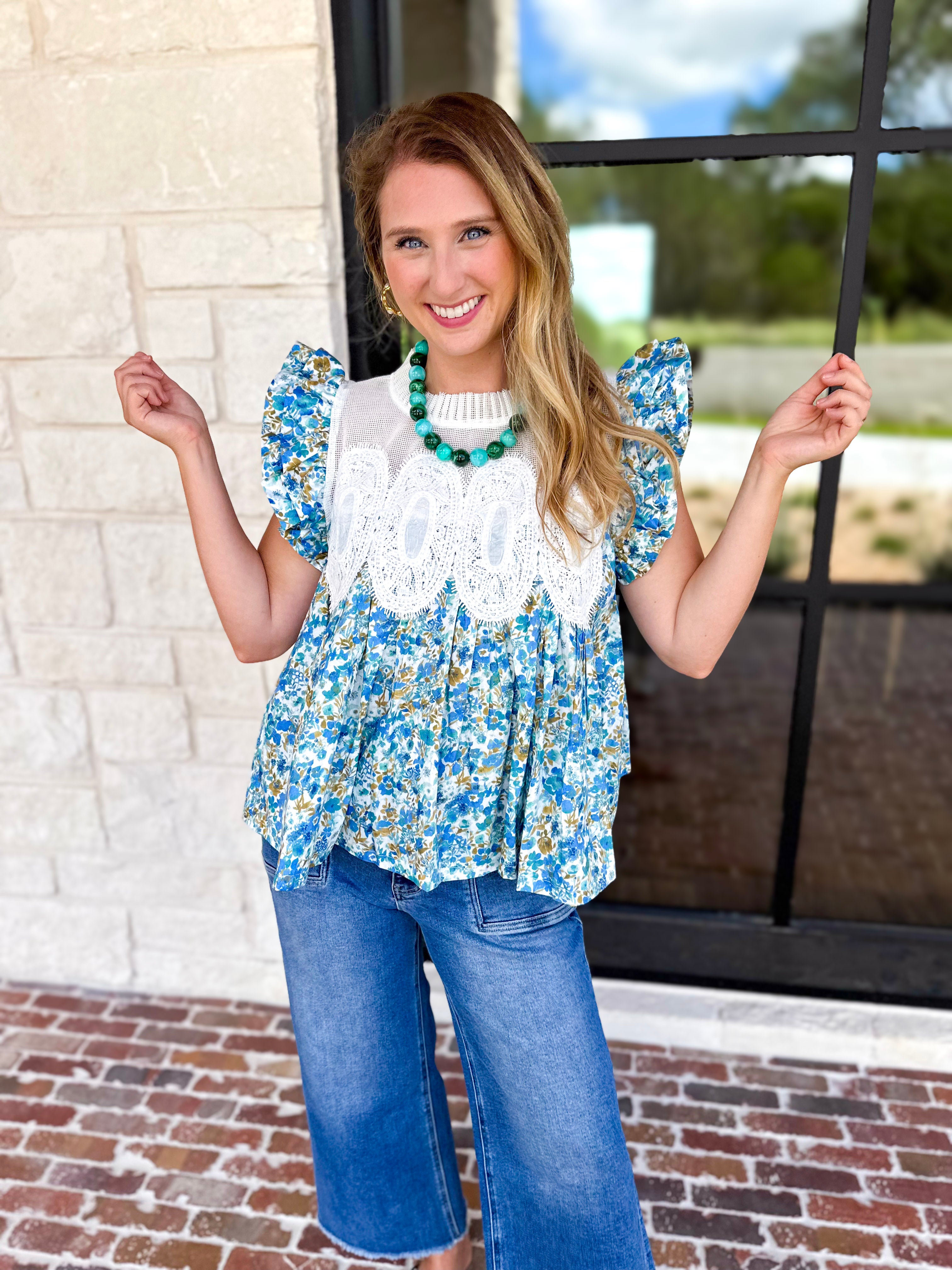 Floral Fields Lace Blouse-200 Fashion Blouses-FATE-July & June Women's Fashion Boutique Located in San Antonio, Texas