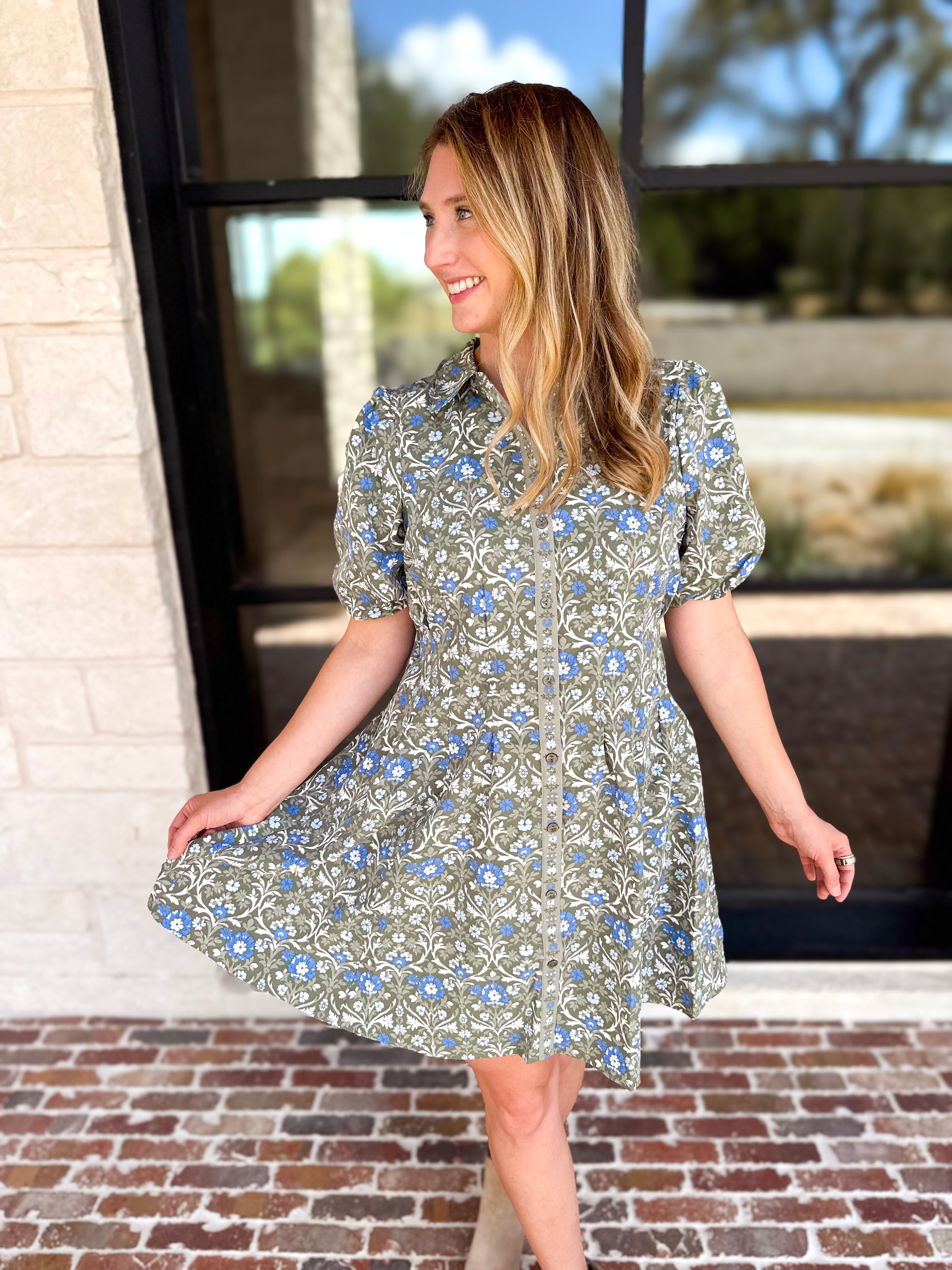 Mary Square - Olive Floral Puff Sleeve Midi Dress-510 Mini-MARY SQUARE-July & June Women's Fashion Boutique Located in San Antonio, Texas