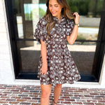Mocha Floral Cinched Mini Dress-510 Mini-FATE-July & June Women's Fashion Boutique Located in San Antonio, Texas