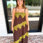 Colette Feminine Lace Midi Dress - Brown & Chartreuse-500 Midi-TCEC-July & June Women's Fashion Boutique Located in San Antonio, Texas