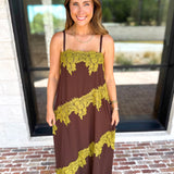Colette Feminine Lace Midi Dress - Brown & Chartreuse-500 Midi-TCEC-July & June Women's Fashion Boutique Located in San Antonio, Texas