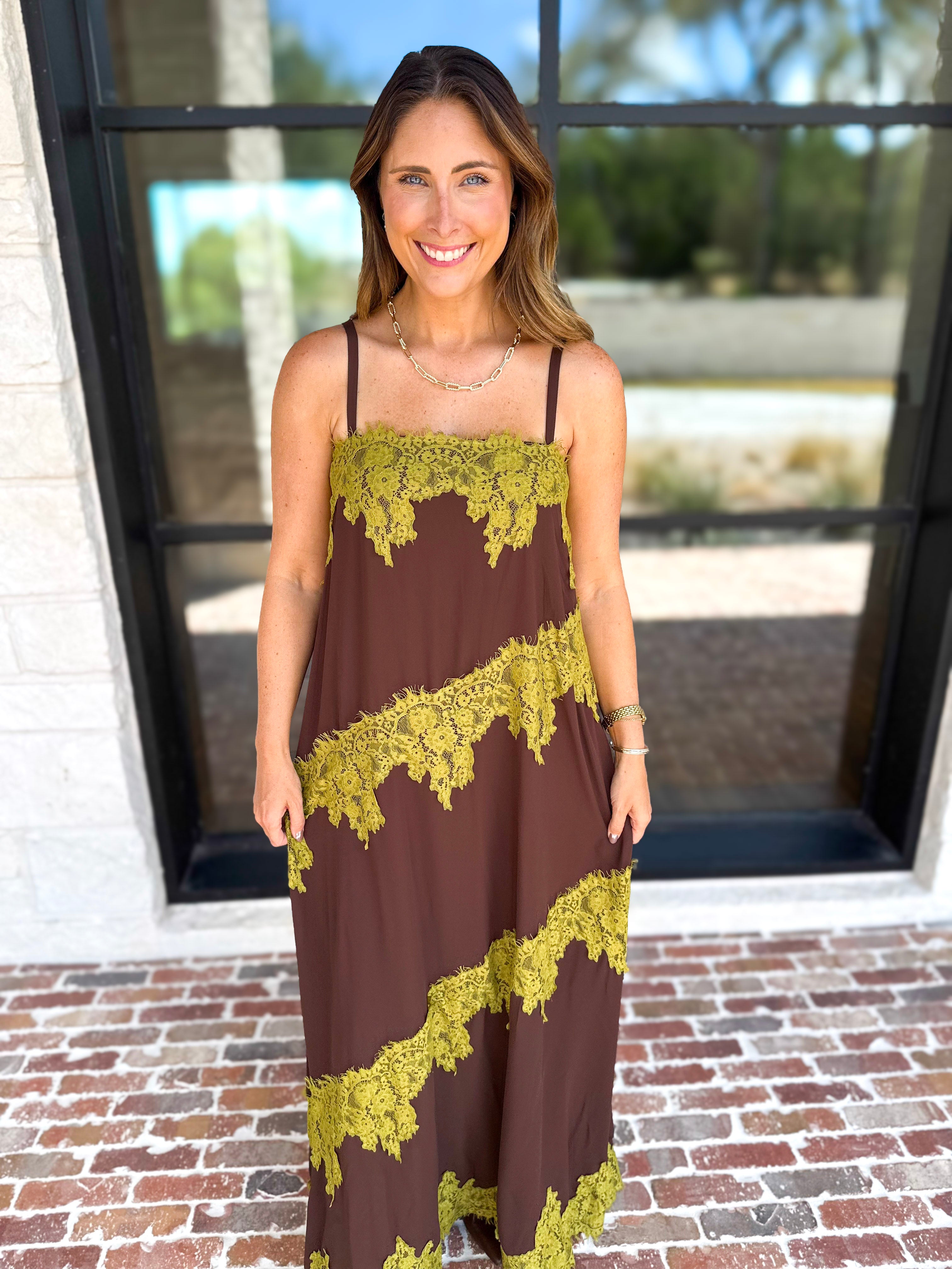 Colette Feminine Lace Midi Dress - Brown & Chartreuse-500 Midi-TCEC-July & June Women's Fashion Boutique Located in San Antonio, Texas
