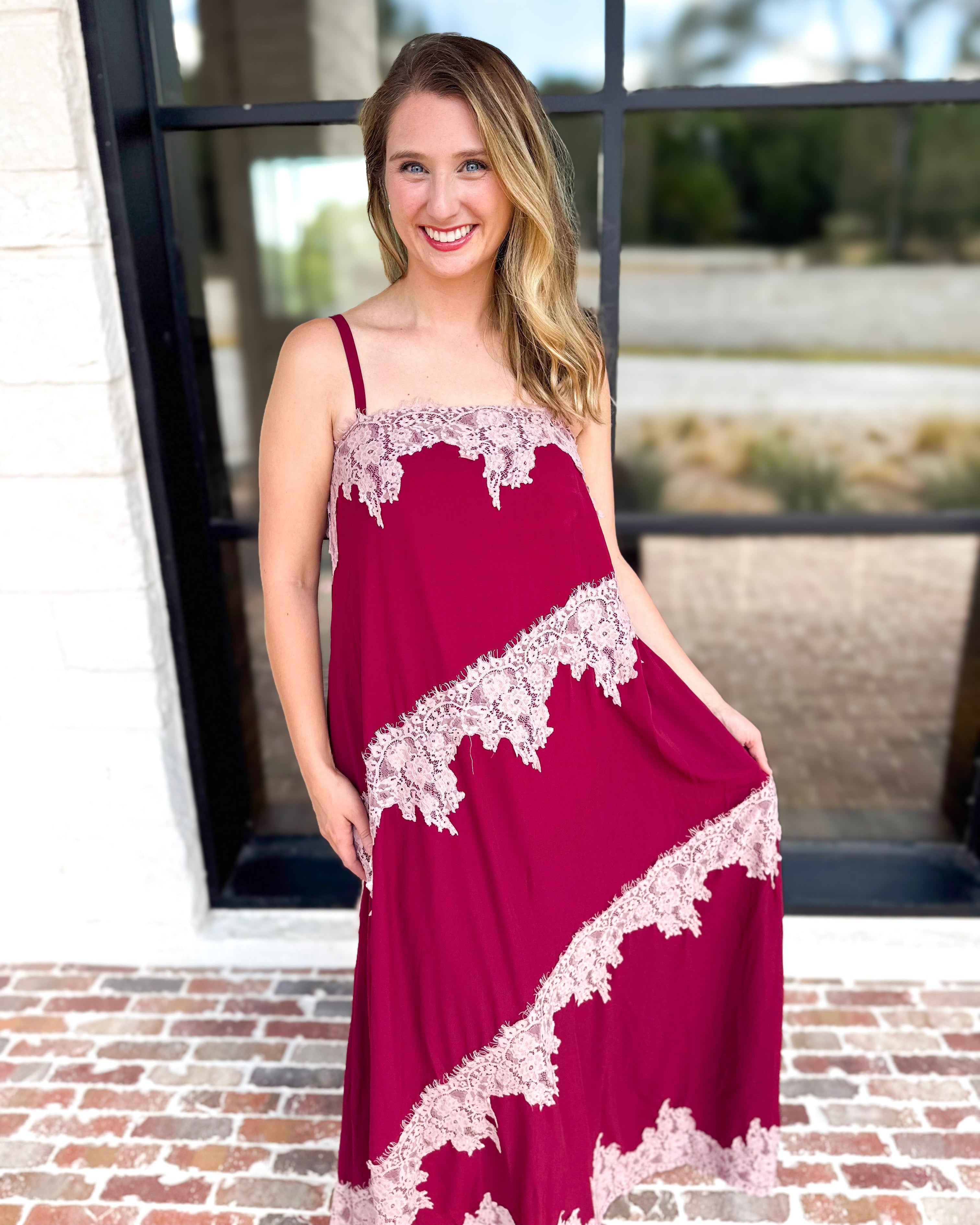 Colette Feminine Lace Midi Dress - Burgundy & Blush-500 Midi-TCEC-July & June Women's Fashion Boutique Located in San Antonio, Texas