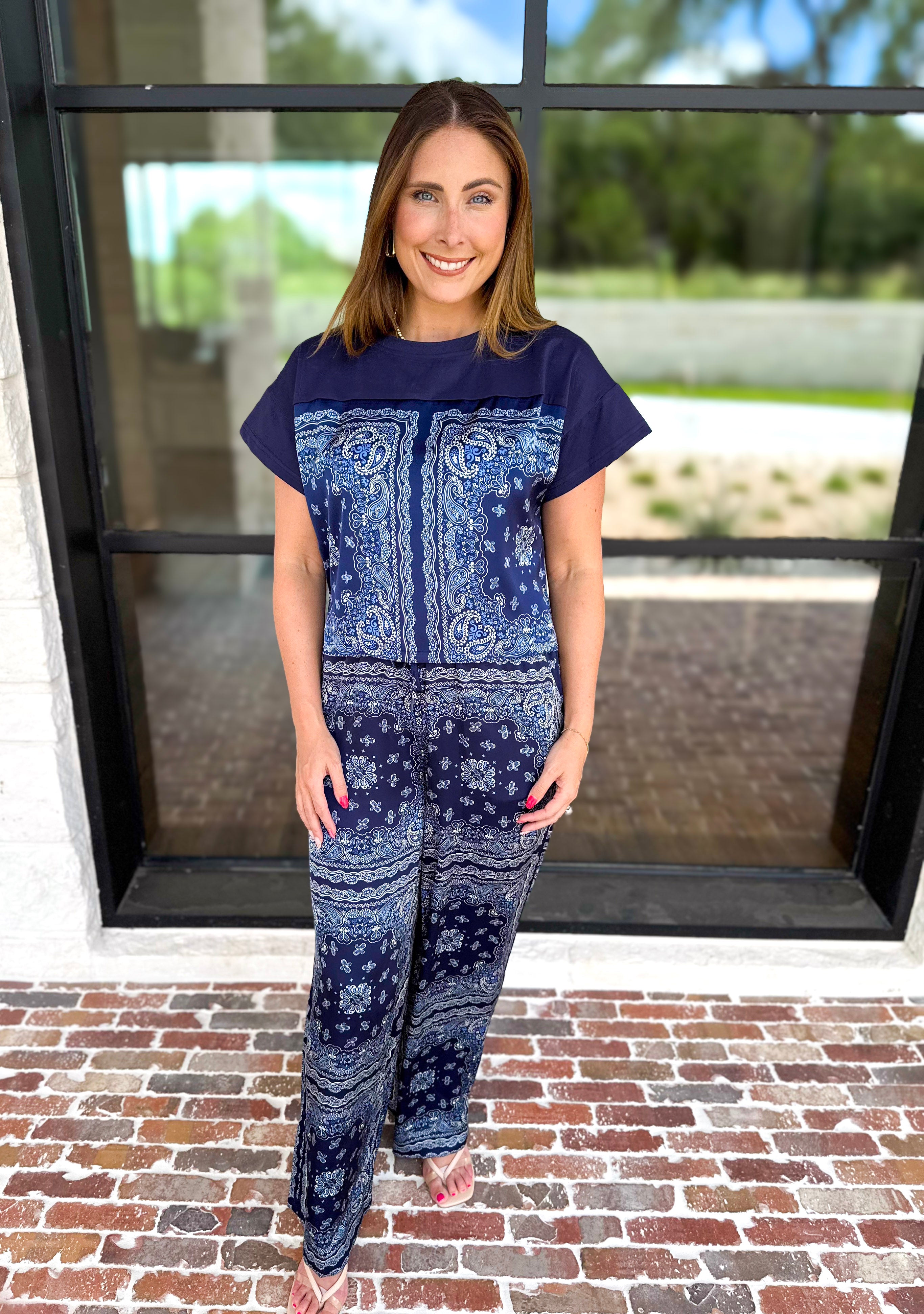 Navy Bandana Pants Set-500 Midi-SKIES ARE BLUE-July & June Women's Fashion Boutique Located in San Antonio, Texas