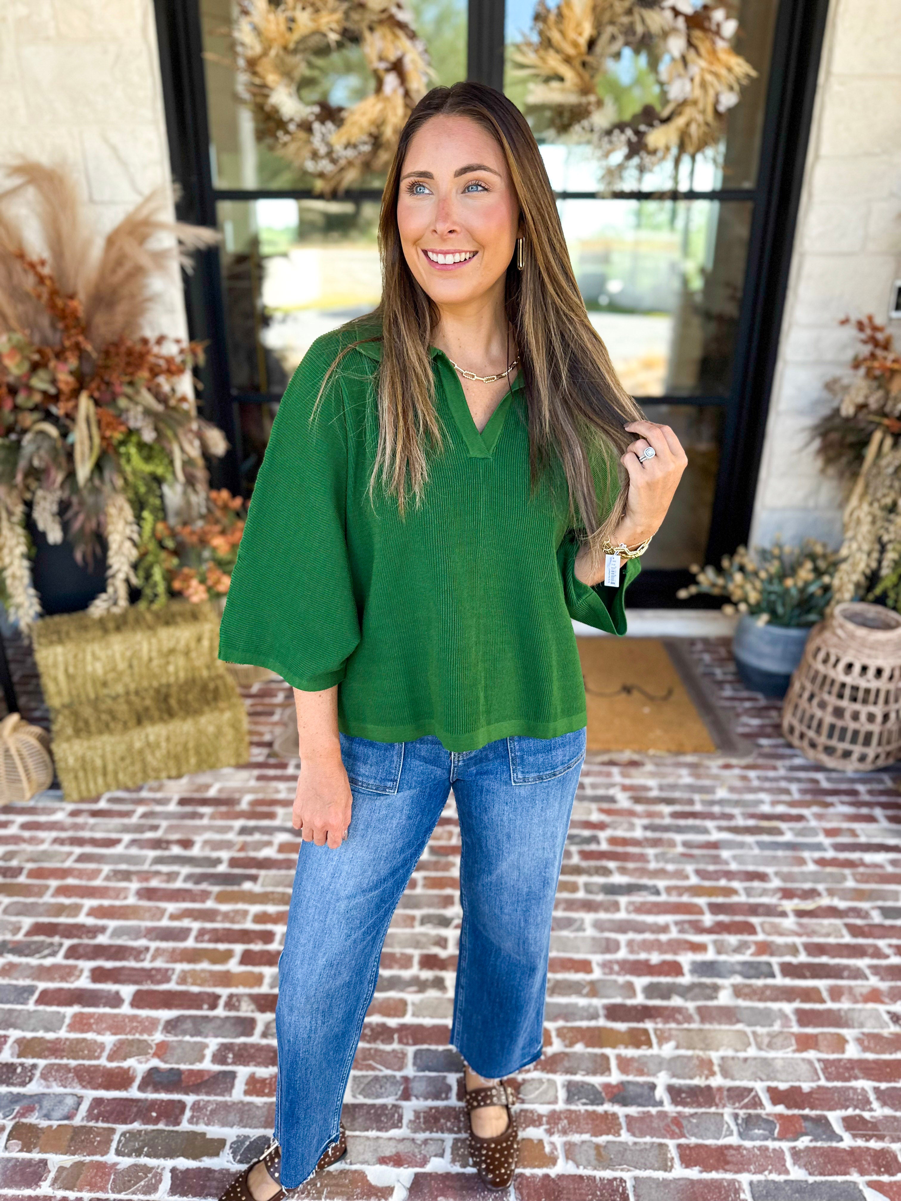 Cozy Collared Oversized Sweater Top - Green-230 Sweaters/Cardis-ENTRO-July & June Women's Fashion Boutique Located in San Antonio, Texas