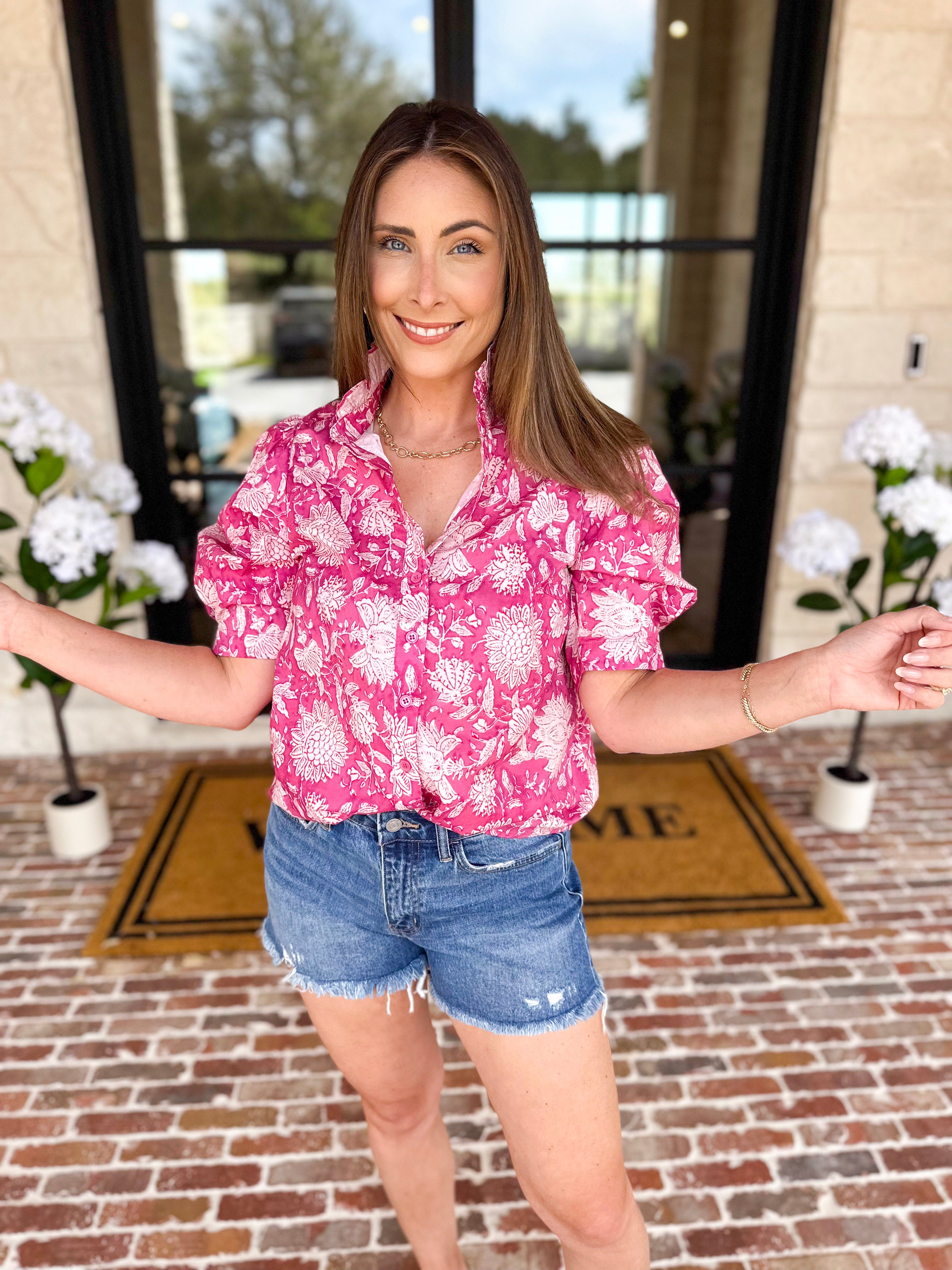 Punchy Pink Floral Blouse-200 Fashion Blouses-FATE-July & June Women's Fashion Boutique Located in San Antonio, Texas