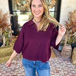 Cozy Collared Oversized Sweater Top - Merlot-230 Sweaters/Cardis-ENTRO-July & June Women's Fashion Boutique Located in San Antonio, Texas